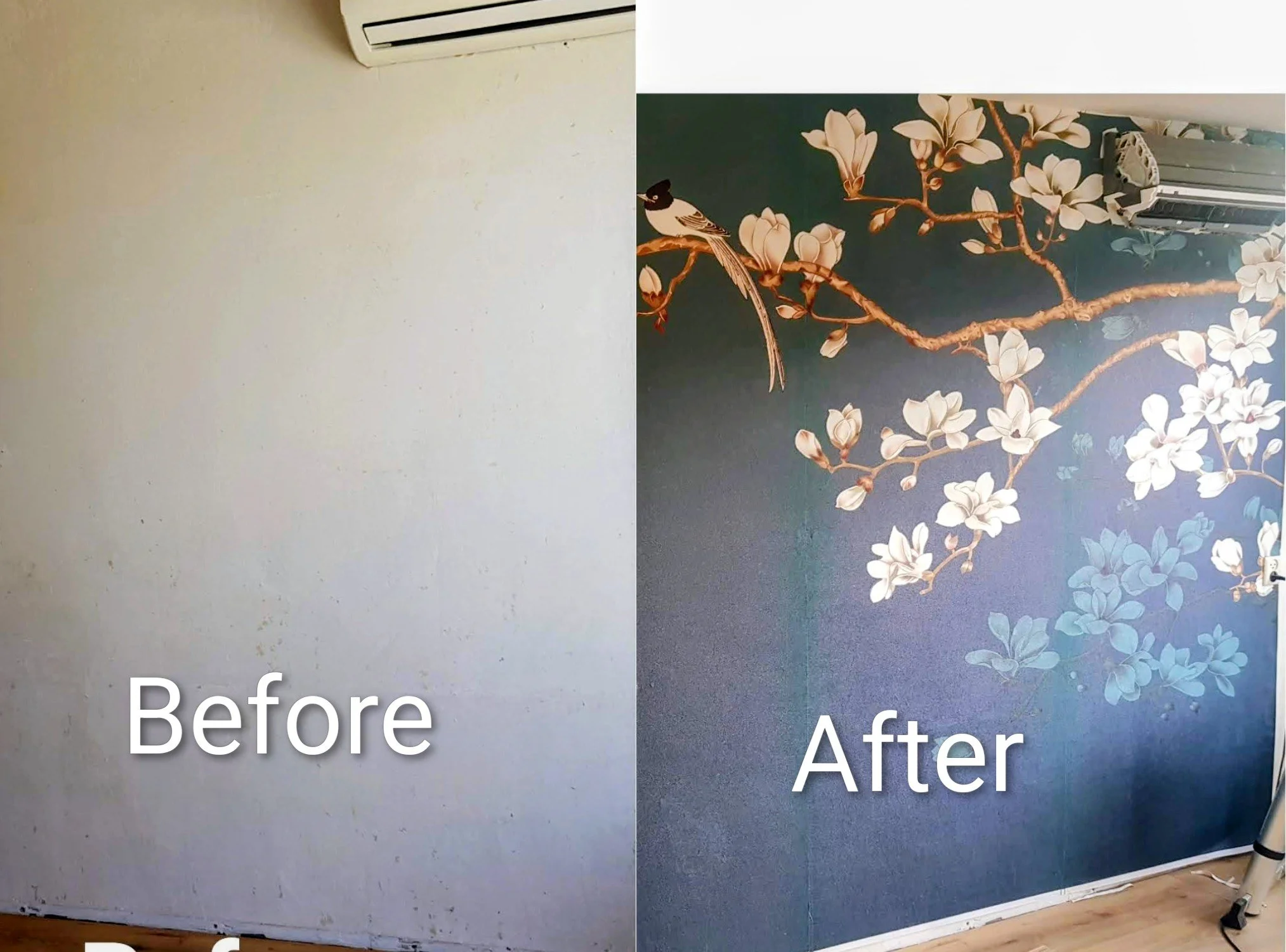 Side-by-side comparison of a wall before and after decoration. The "Before" side shows a plain, beige wall with some small marks. The "After" side displays the same wall now decorated with a floral and bird mural on a dark background, featuring branches, white flowers, and a small bird.
