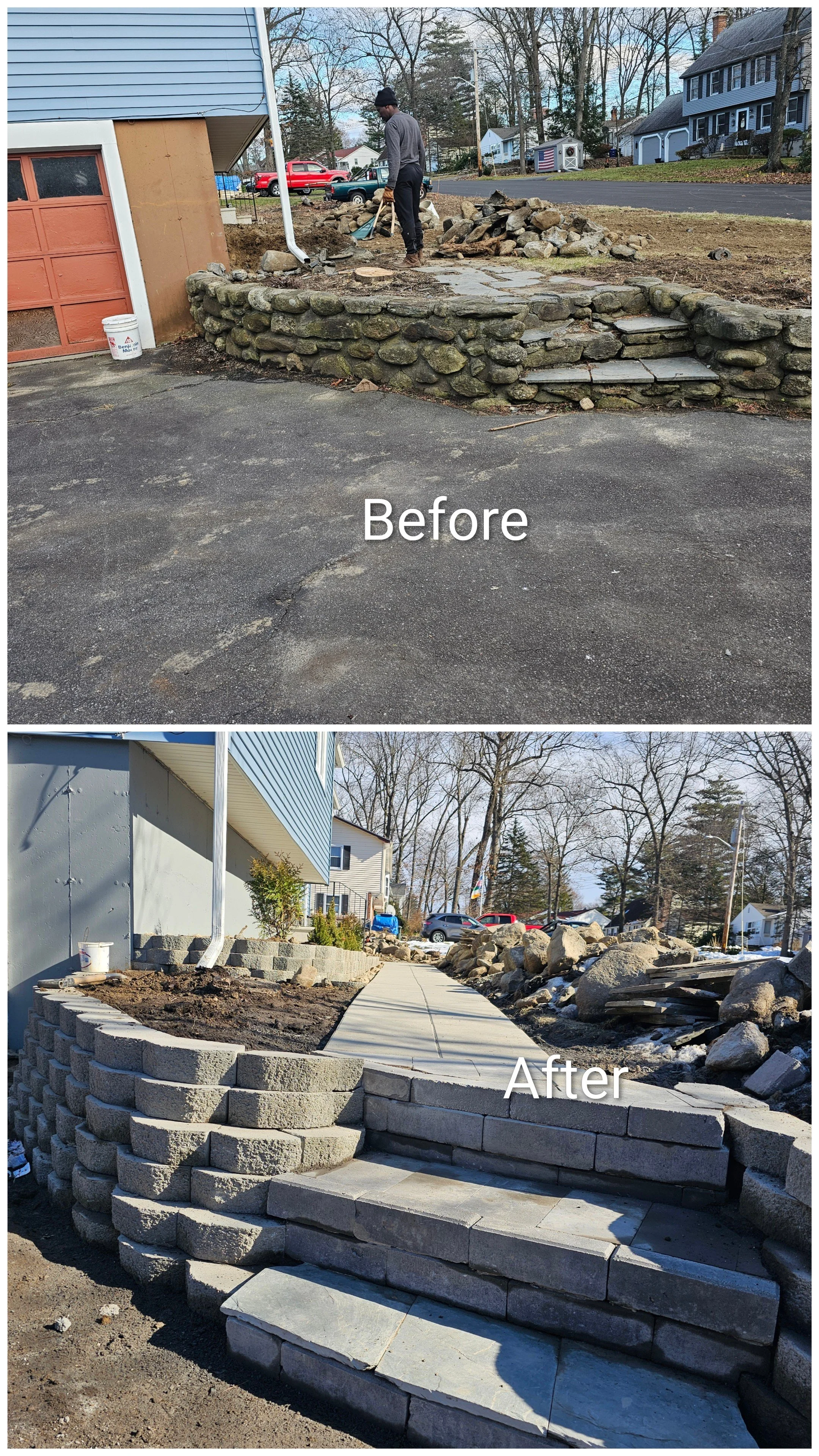 Before and after images of a home exterior upgrade. In the 'before' photo, a stone retaining wall and uneven steps are visible, with a worker present updating the entrance. In the 'after' photo, a newly constructed concrete block retaining wall and new stairs with pavers are shown, creating a cleaner and more modern look for the entrance pathway.