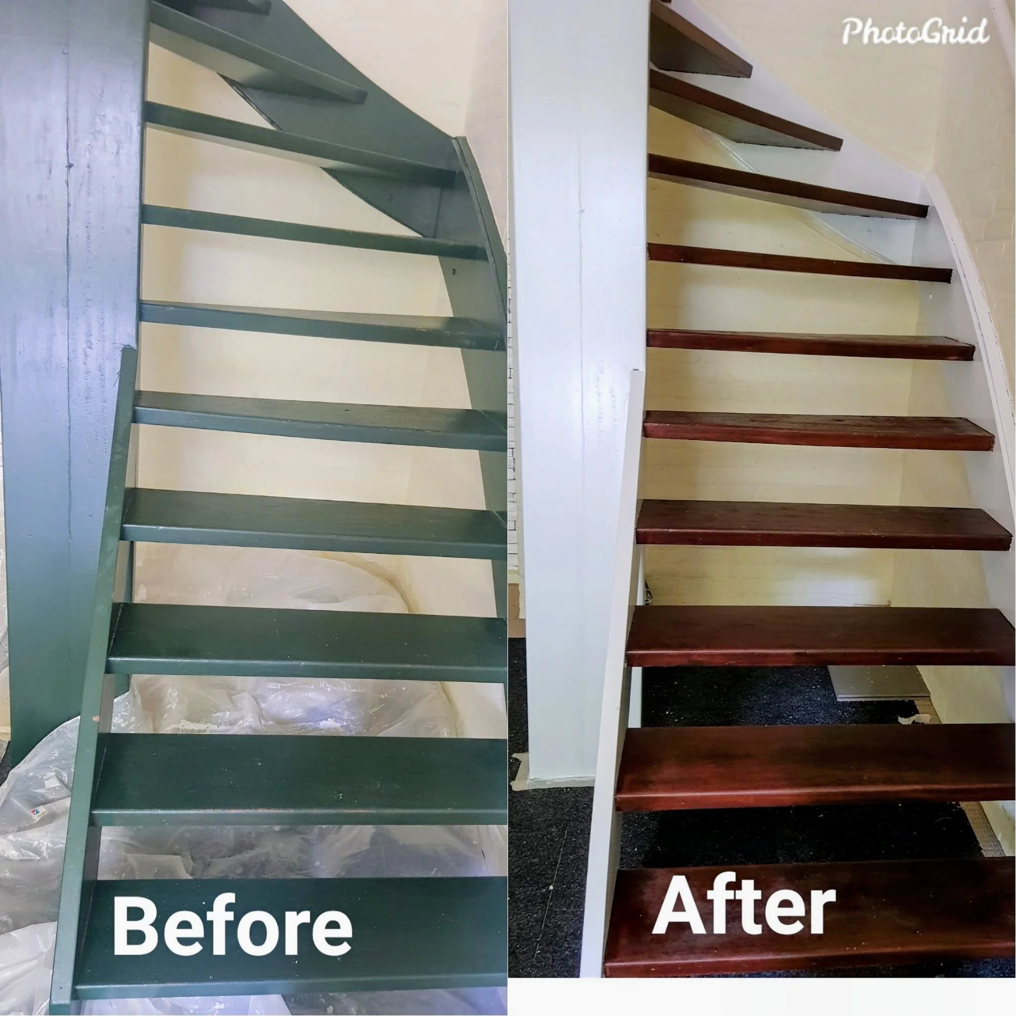 Comparison of a piece of furniture before and after cleaning or renovation. The left side shows a green wooden desk or shelf with visible dirt and dust, while the right side shows the same furniture cleaned or refinished, with a polished wooden surface. The words 'Before' and 'After' are written at the bottom of each side.