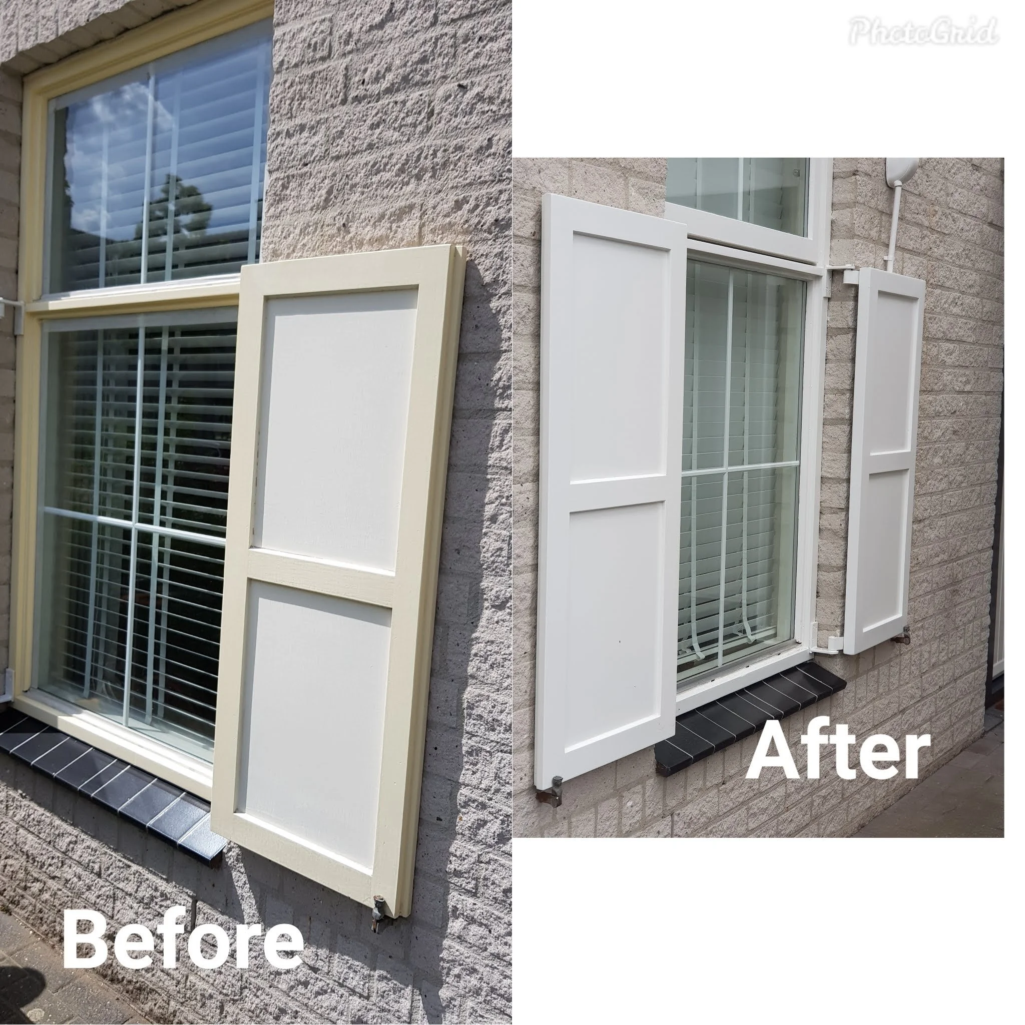 A photo showing a before and after comparison of a window with white shutters and trim. The 'before' side features a window with a beige frame and closed blinds, while the 'after' side shows the same window with a clean white frame and open shutters, revealing the blinds inside.