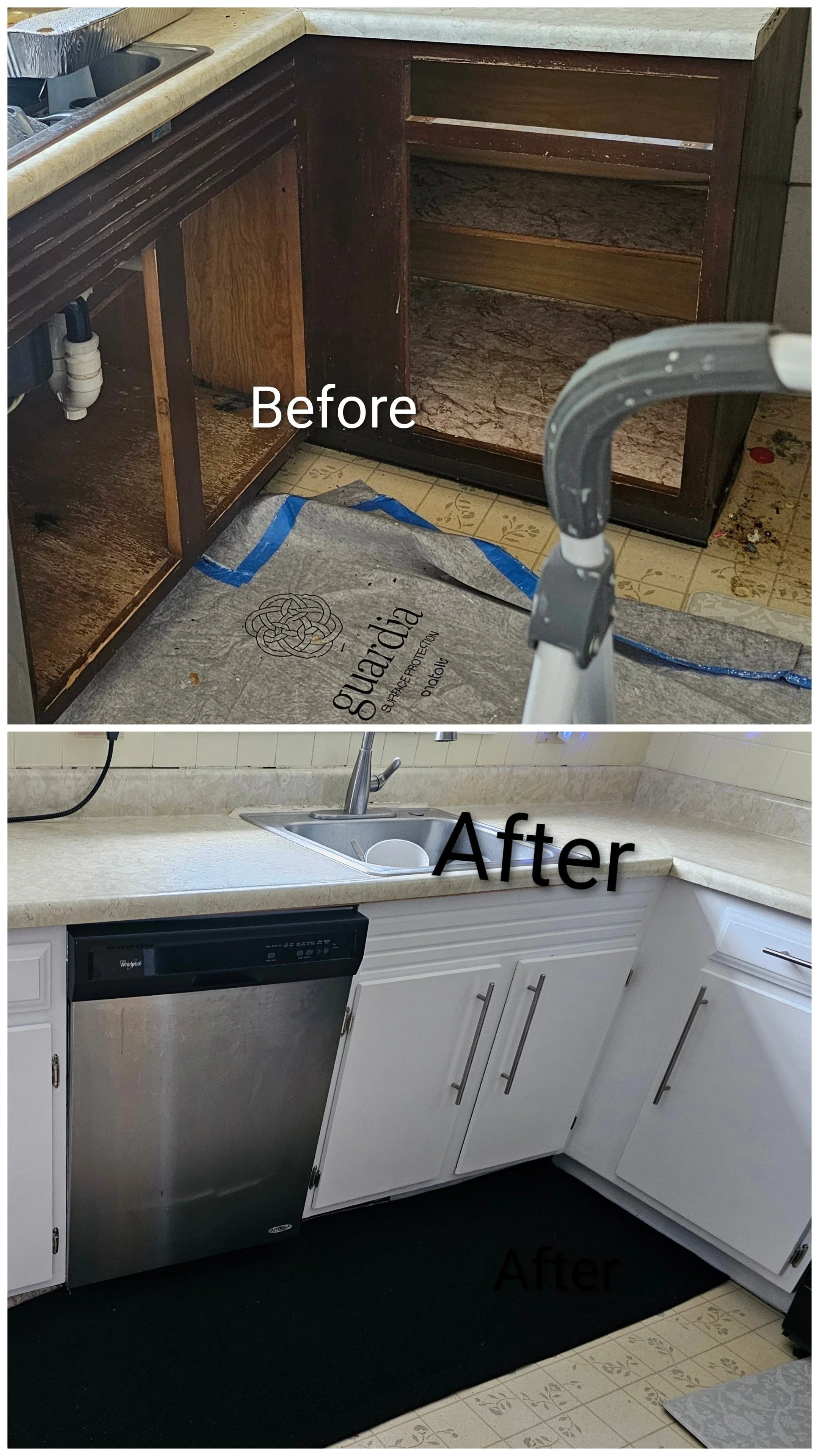Comparison of a kitchen before and after renovation; the "Before" shows a worn dark wood cabinet with exposed shelves and a dirty workspace, and the "After" features a clean, modern white cabinet with a stainless steel dishwasher and a new countertop, with a black rug on the floor.