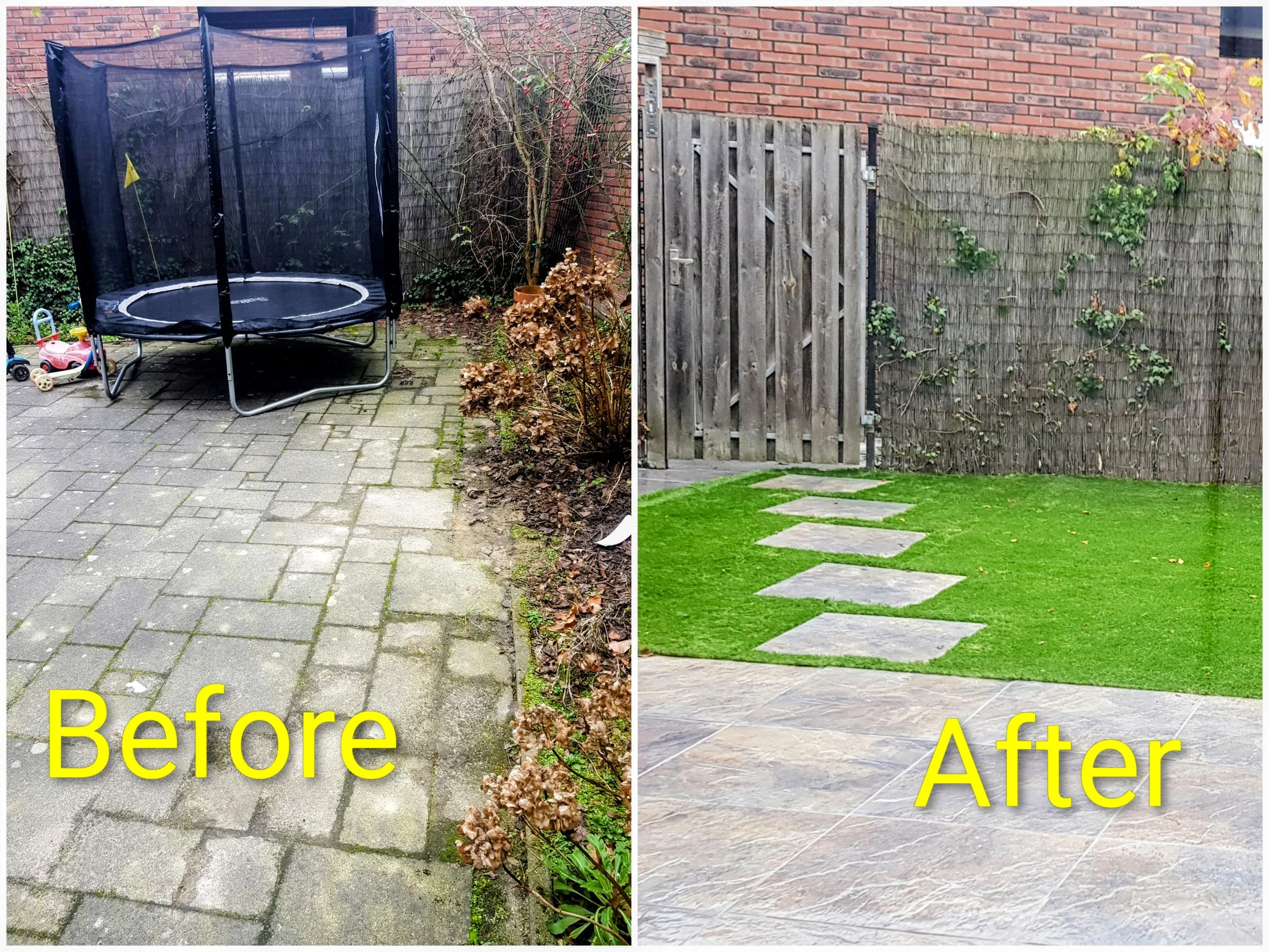 Side-by-side comparison of a backyard before and after cleaning. The 'before' image shows a paved area with moss and weeds between the stones, a discolored wooden fence, overgrown plants, and some children's toys on the ground. The 'after' image displays a clean, well-maintained space with a clear paved ground, a fresh-looking wooden fence, neatly trimmed grass, and paved stepping stones.
