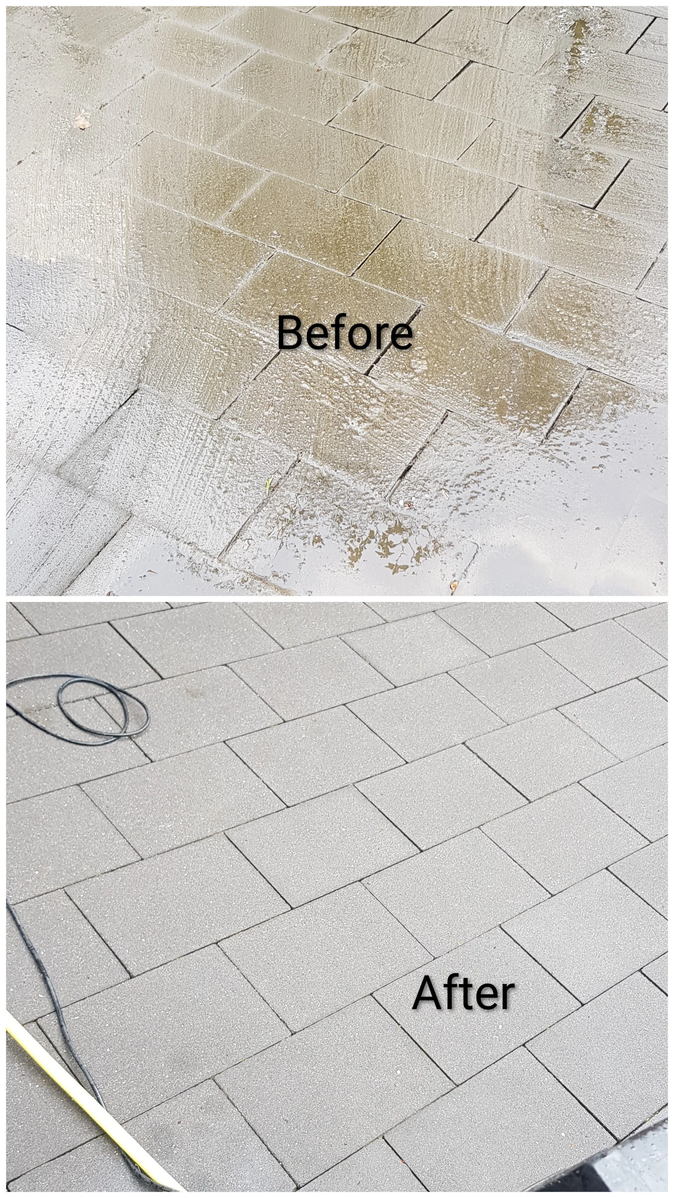 Comparison of a dirty, stained outdoor brick patio labeled 'Before' and a clean, newly cleaned brick patio labeled 'After'.