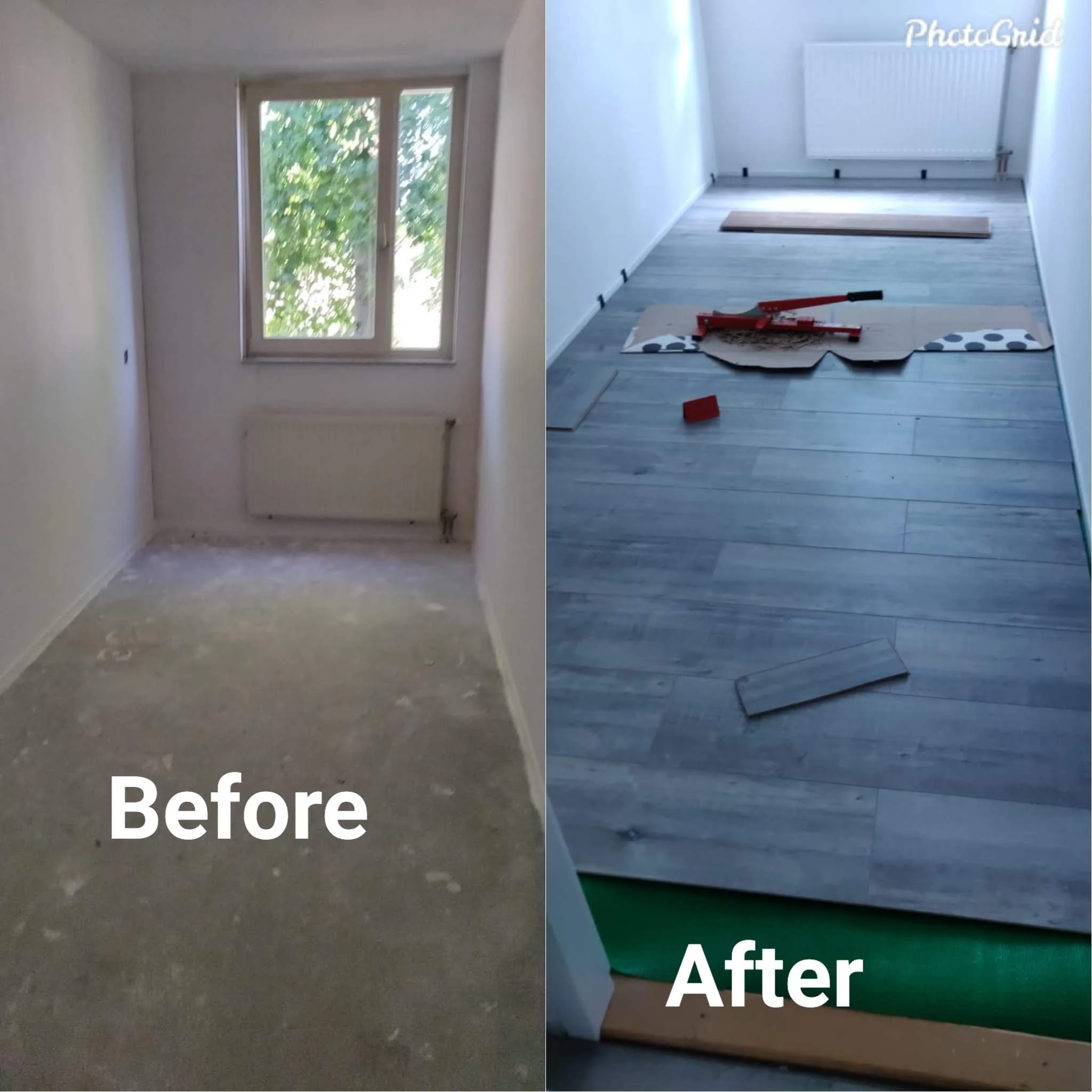Side-by-side comparison of a room before and after renovation. The "before" image shows an empty room with a window, plain walls, and a bare floor. The "after" image displays the same room with new flooring, painted walls, and a radiator, indicating renovation work.