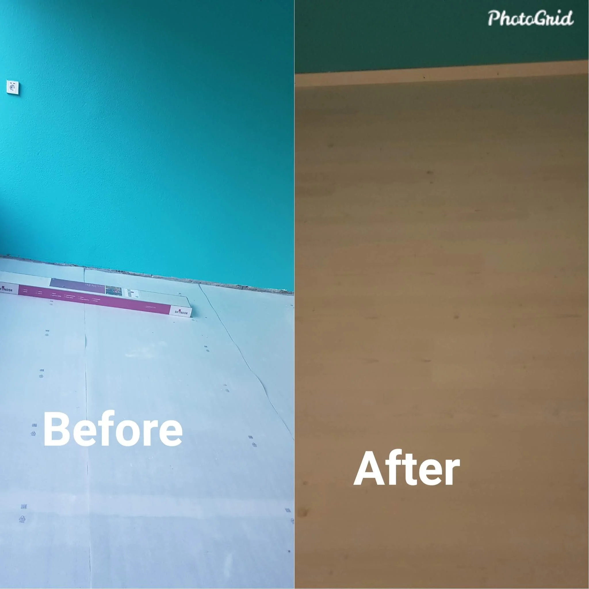 Comparison photo showing a wall before and after cleaning. The left side depicts a blue wall with a power socket and white baseboards, labeled 'Before'. The right side shows the same wall after cleaning, appearing dirt-free and more vibrant. The words 'PhotoGrid' are in the top right corner.
