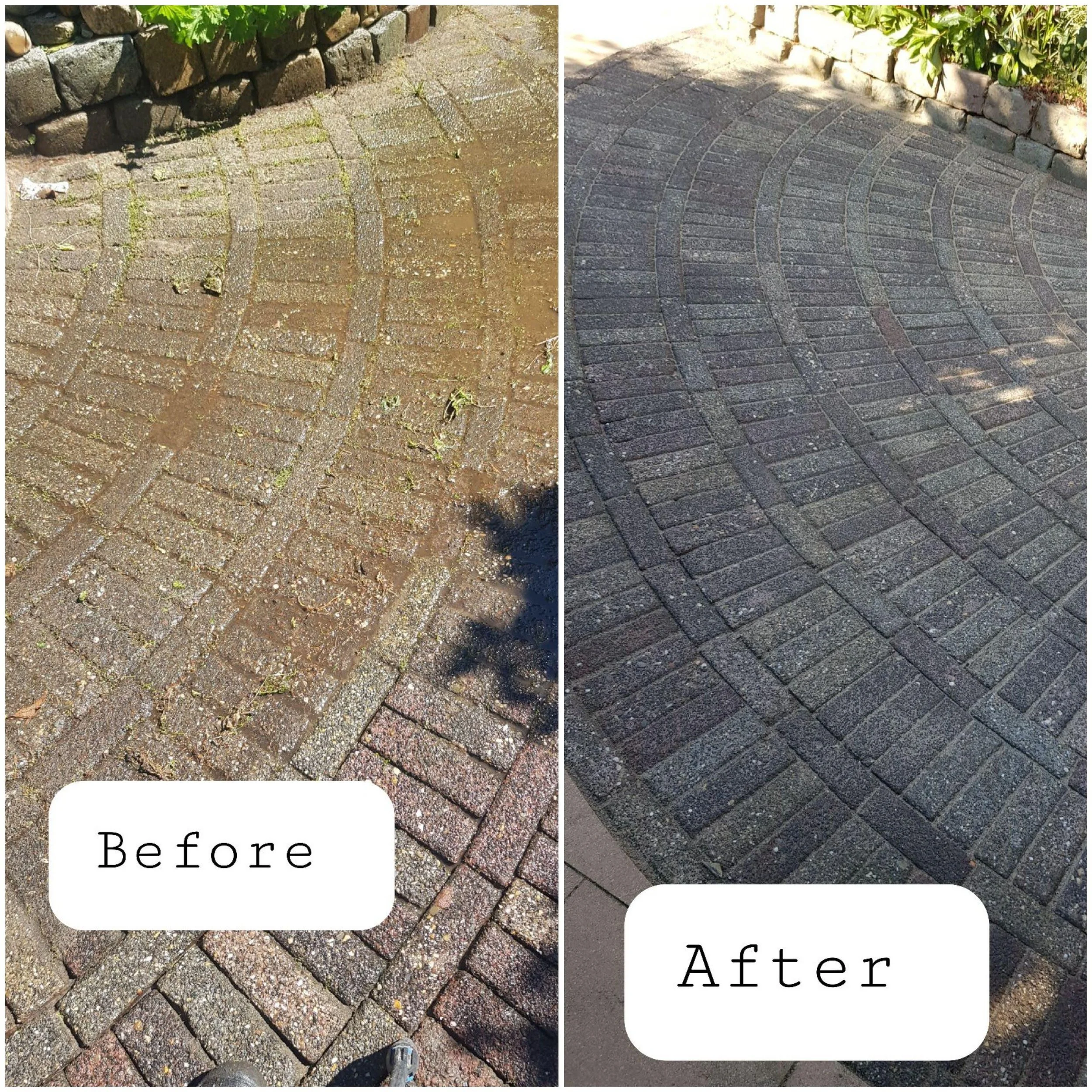 A comparison of a brick pathway before and after cleaning or restoration, with the 'before' side showing dirt and moss between the bricks and the 'after' side showing cleaner, more uniformly colored bricks.