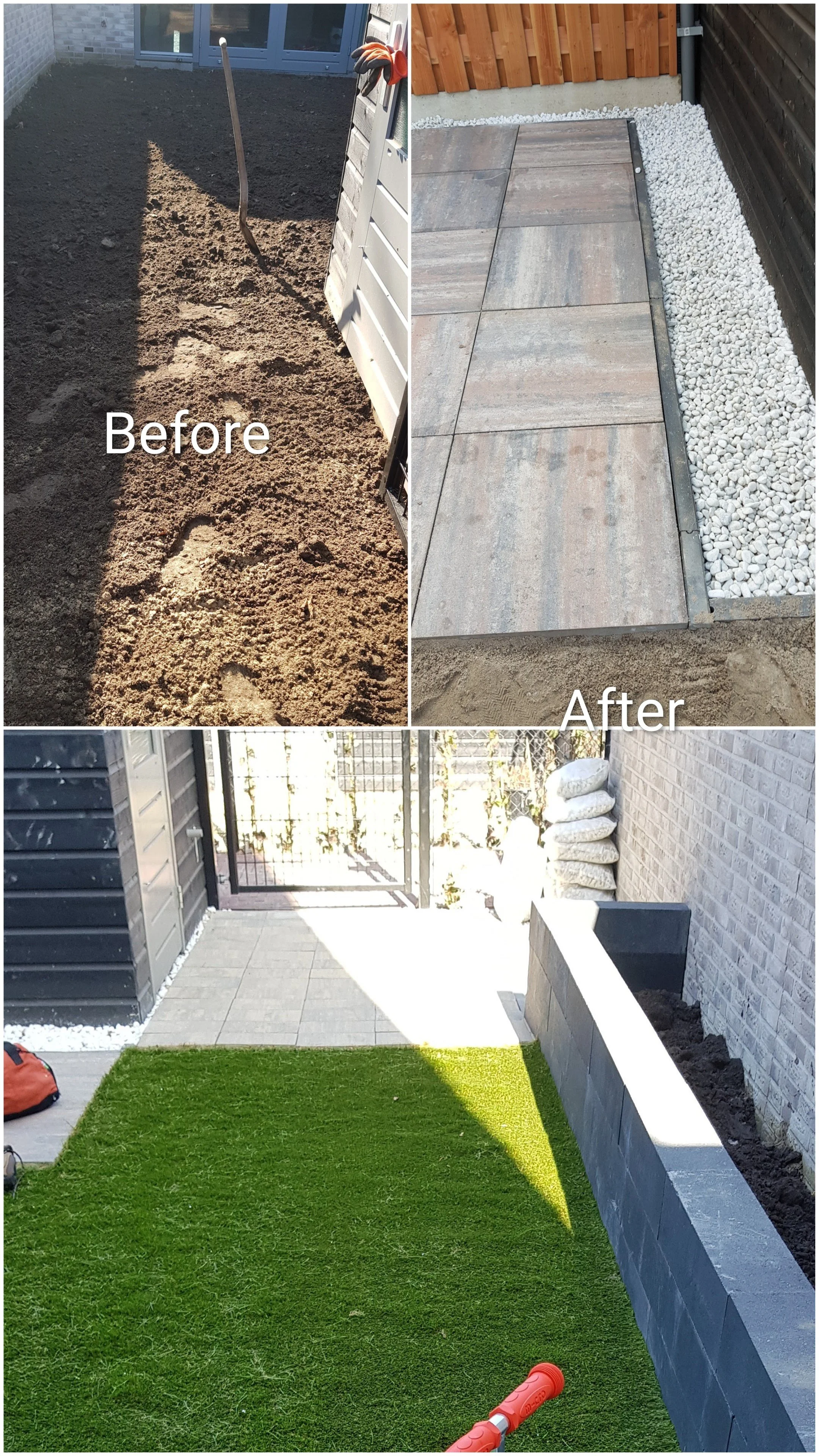Progression of garden renovation from bare soil to a finished outdoor patio with tiles, gravel, and artificial grass, including starting soil, tiled area, and finished lawn.