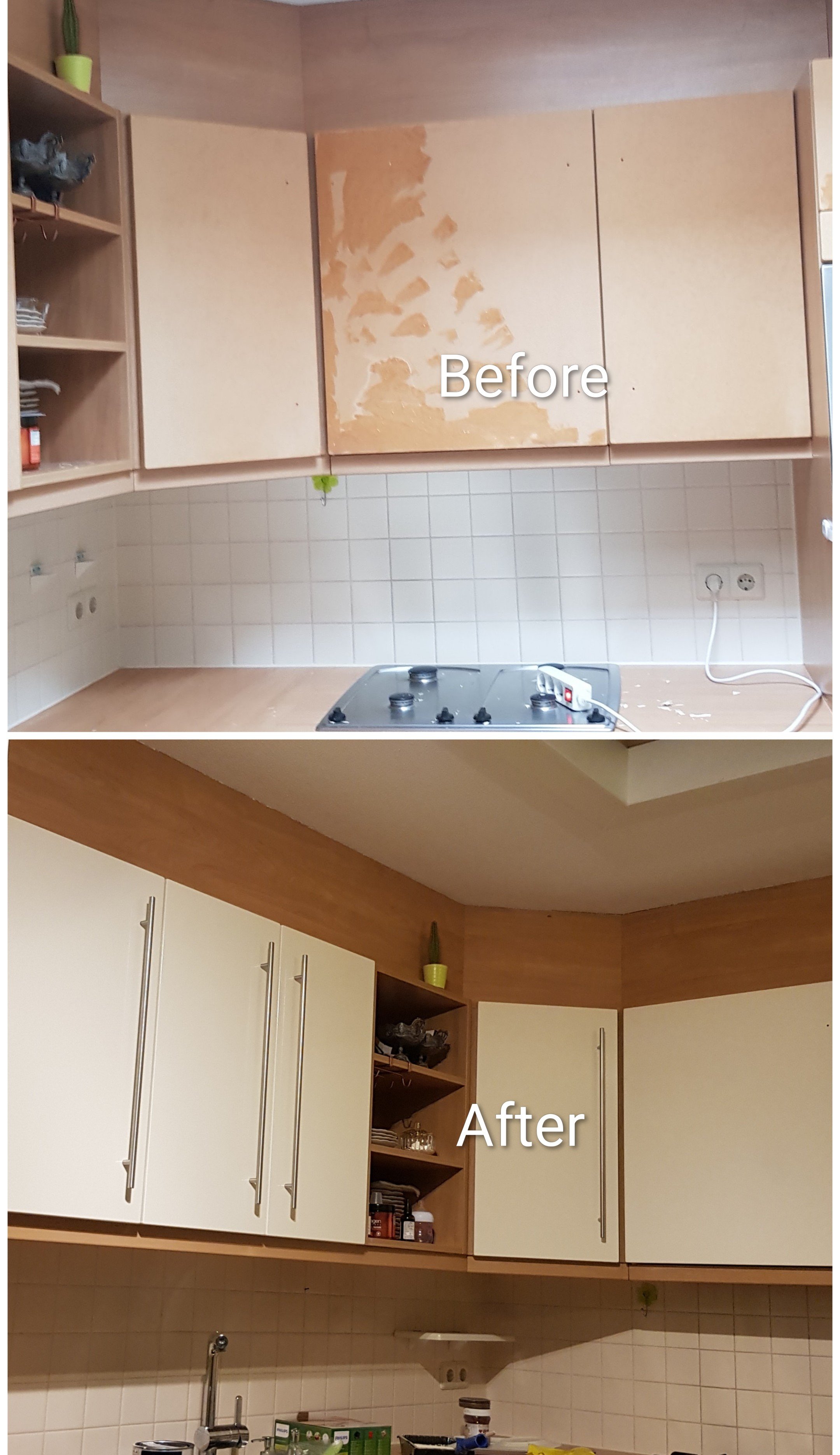 Kitchen before and after renovation: Top photo shows unfinished cabinets with peeling wood veneer, bottom photo shows completed white cabinets with modern handles, decorated with a yellow pot and a small collection of spices on the open shelves.
