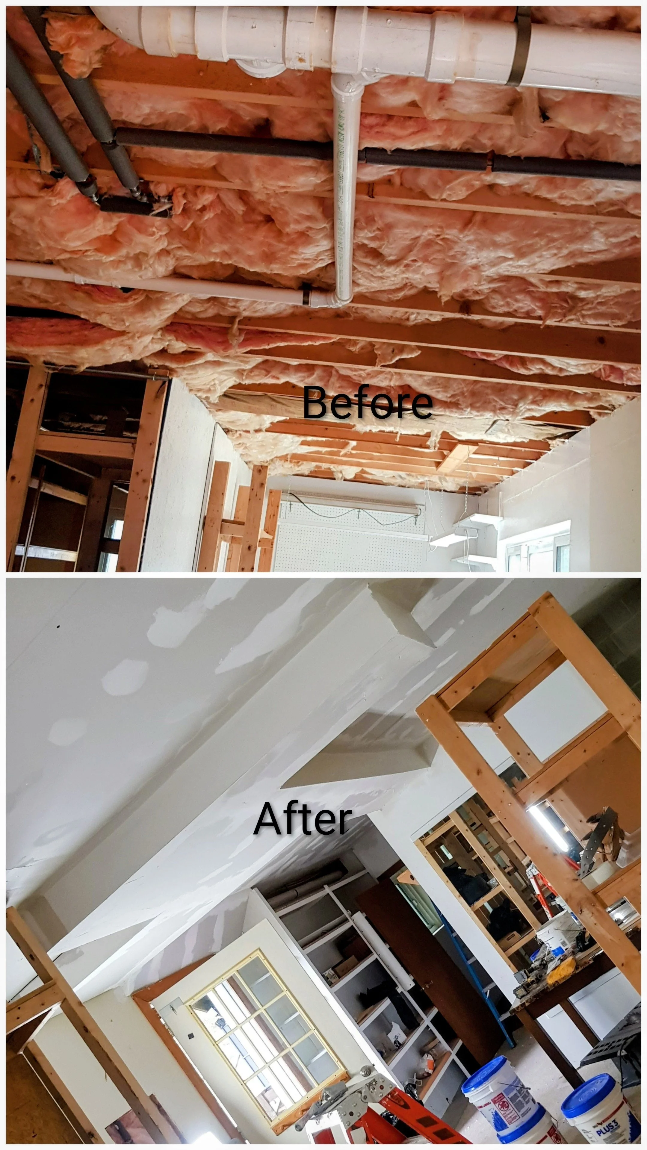 Before and after images of a home renovation showing ceiling insulation removal and drywall finishing.