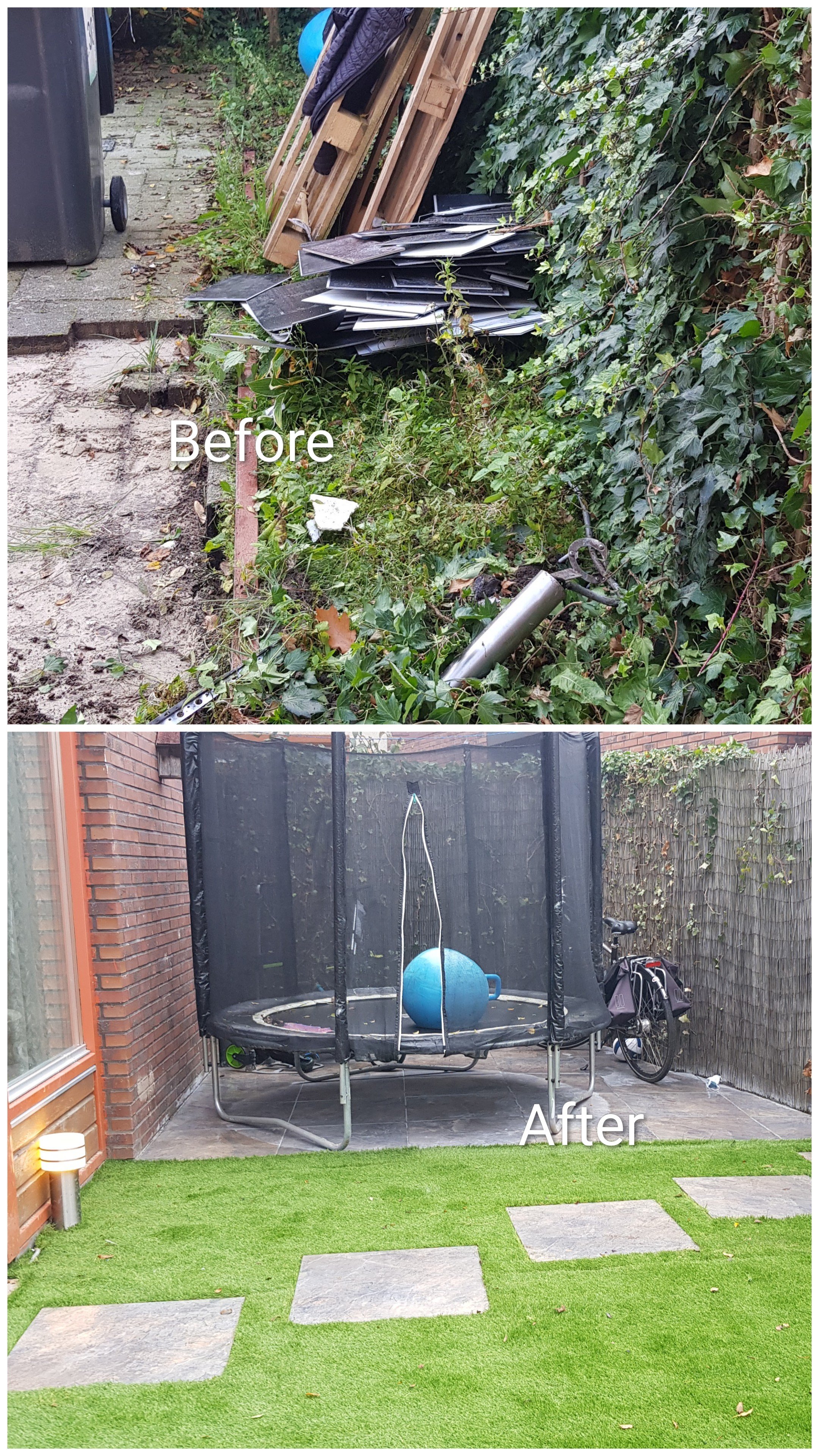 Before and after images showing a backyard transformation. The 'Before' photo depicts a cluttered outdoor area with overgrown weeds, scattered debris, and an unkempt appearance. The 'After' photo shows a clean, well-maintained backyard with a trampoline, a artificial grass lawn, and new paving stones, providing a tidy and inviting outdoor space.