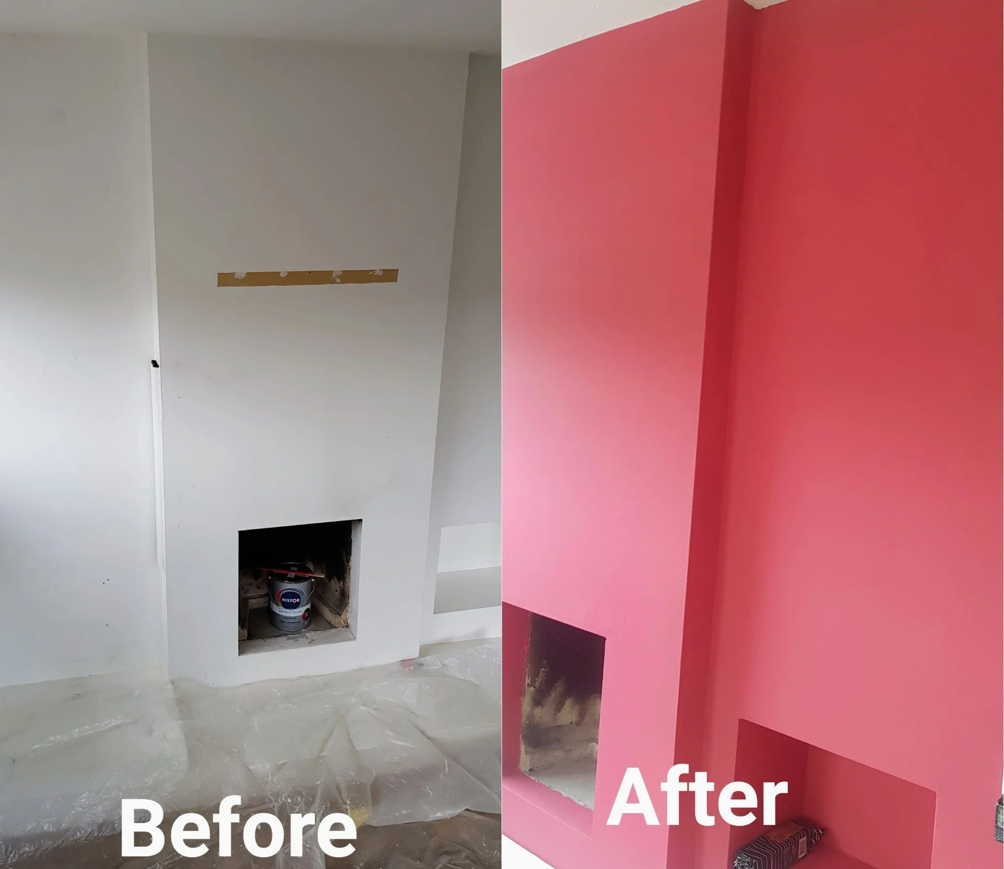 Side-by-side comparison of a room before and after renovation. The left side shows a white wall with an unfinished electrical outlet and a small opening with a paint can underneath. The right side shows the same wall painted pink with decorations and home improvement supplies at the bottom.