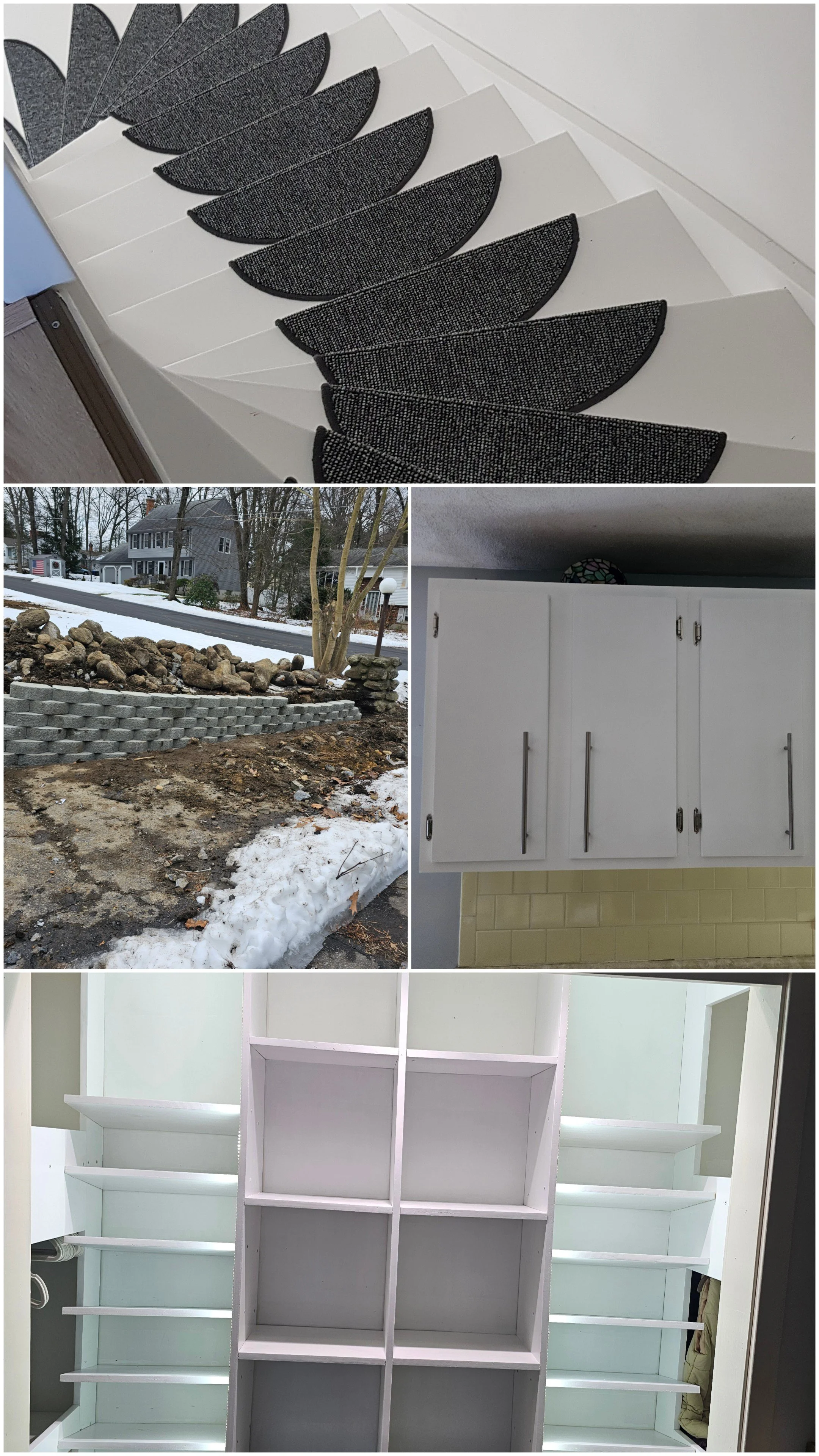 Compilation of four images: the top shows a close-up of black and gray textured doormats with a curved shape, the second shows a retaining wall with rocks and bricks outside a house during winter, the third features white kitchen cabinets with silver handles and yellow backsplash, and the bottom depicts white fitted shelving units inside a closet or pantry.