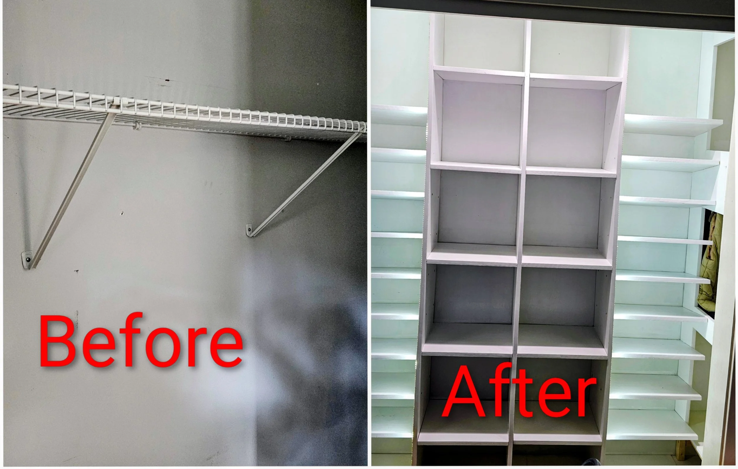 Comparison image showing a wire shelf on the left labeled 'Before' and a white wooden shelving unit on the right labeled 'After'.