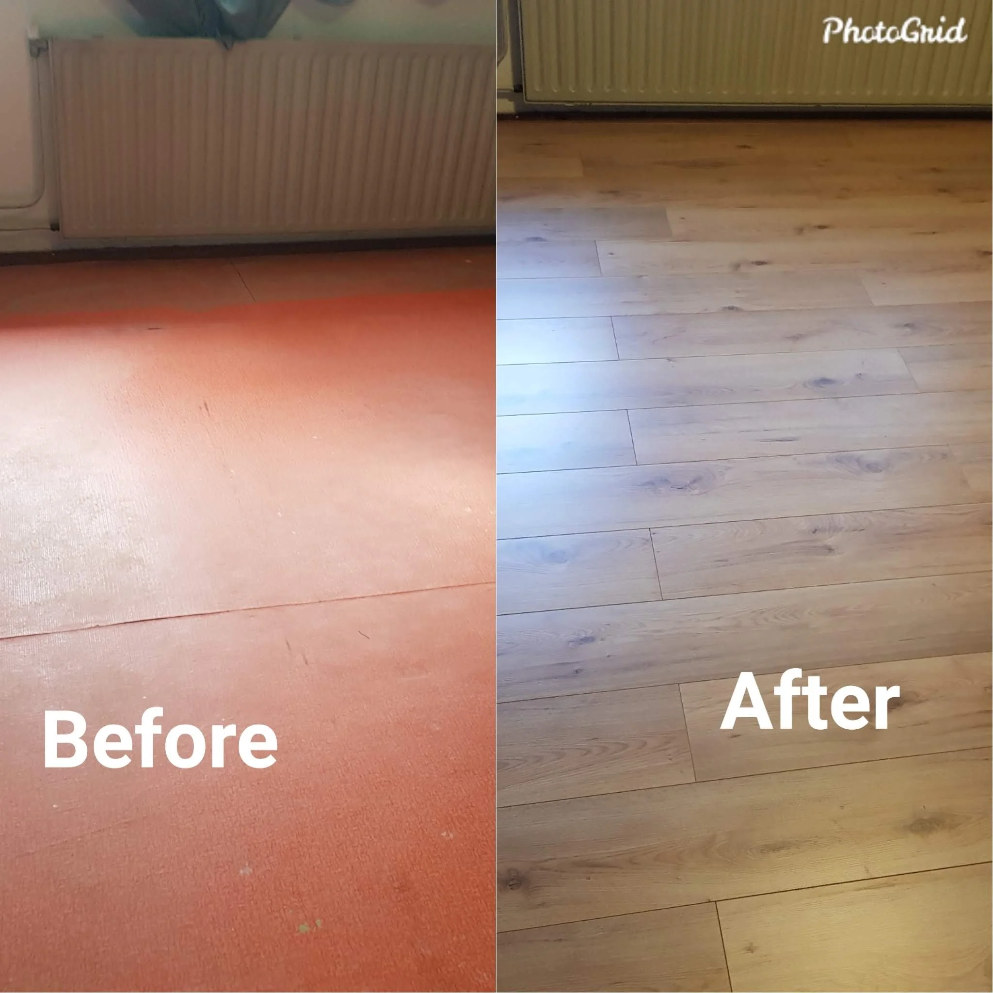 Comparison photo showing a before and after of flooring renovation. The left side displays worn, orange-colored carpeted floor while the right side shows new, light-colored hardwood flooring.