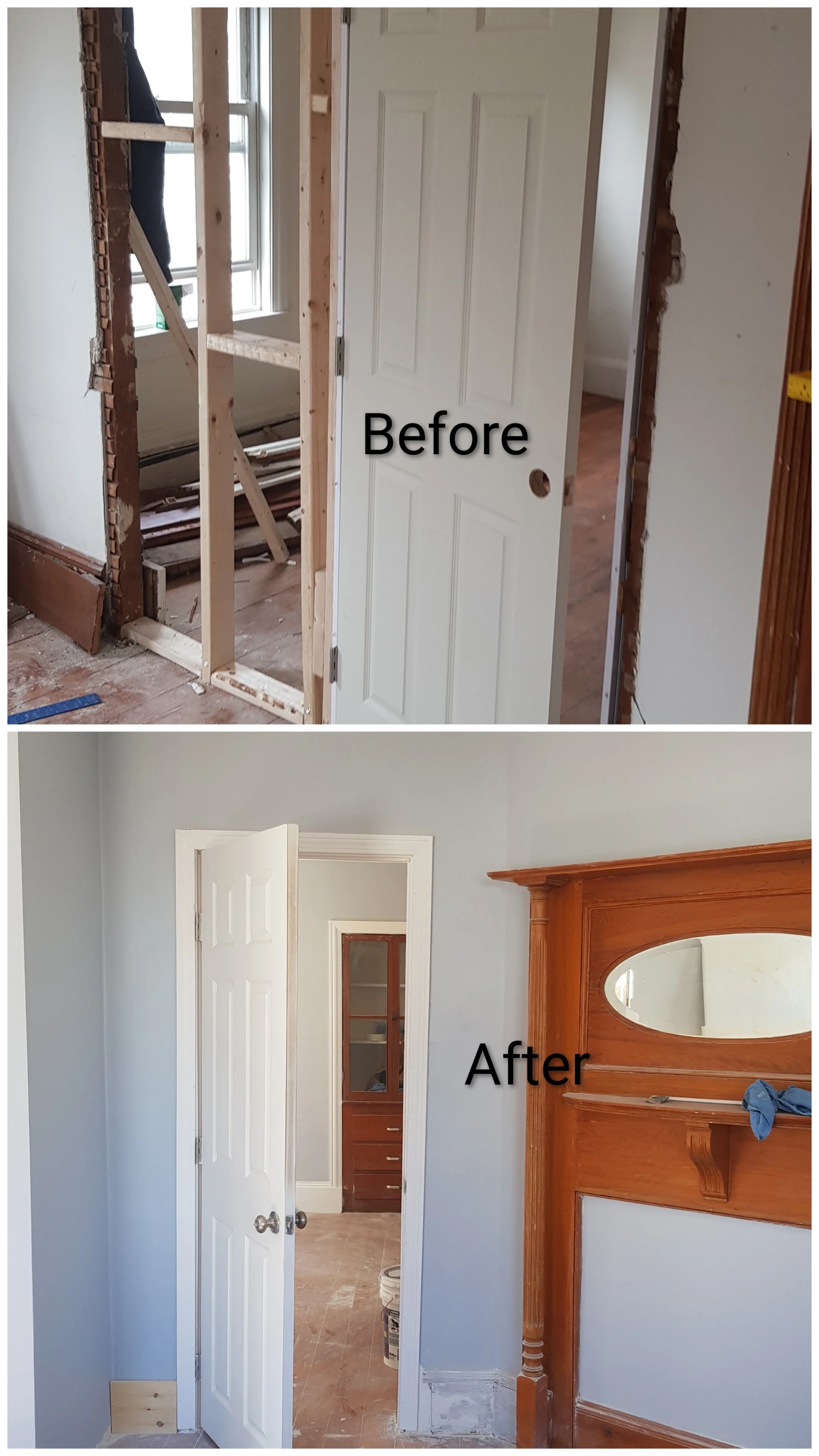 Comparison of a doorway before and after renovation; the before shows construction work with exposed framing and an unfinished wall, while the after features a finished, painted doorway with decorative wooden trim and a built-in cabinet.