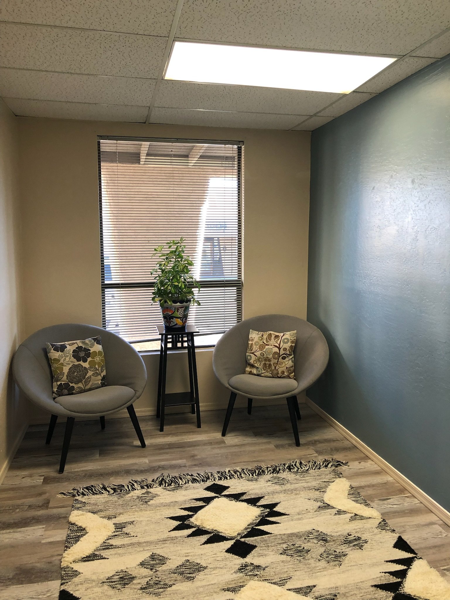 An interior room with two gray chairs with patterned pillows, a small black table with a potted plant, a window with blinds, a blue wall, a ceiling with fluorescent lights, and a black and white patterned rug on the wooden floor.