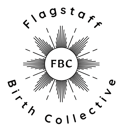 A black circular logo with text and rays extending outward. The text reads 'Flagstaff' at the top, 'BirtH CollectivE' at the bottom, and 'FBC' in the center.