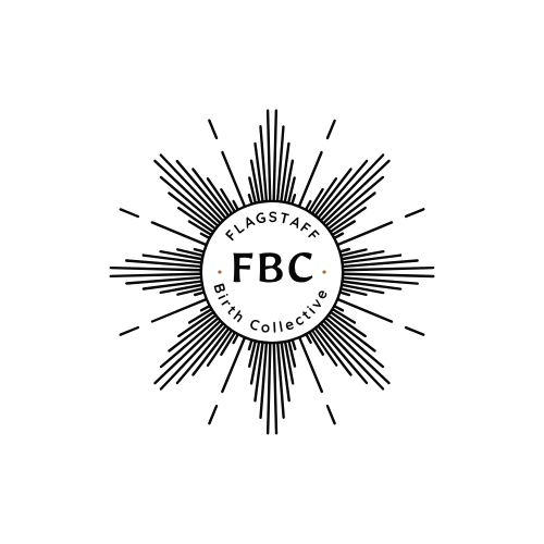 Black and white logo for the Flagstaff BICM Collective with a starburst design and the letters FBC in the center.