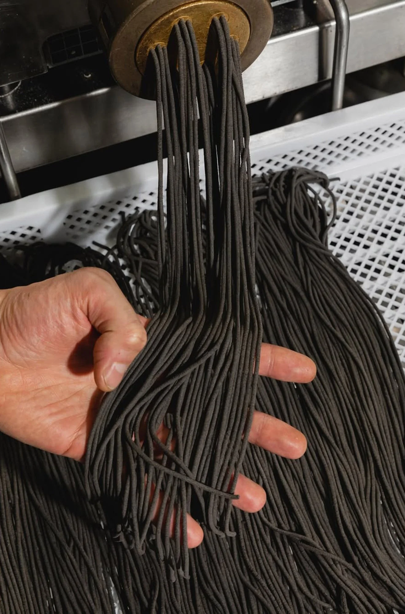A person's hand holding black shoelaces, with a shoe sole seen above in the background.