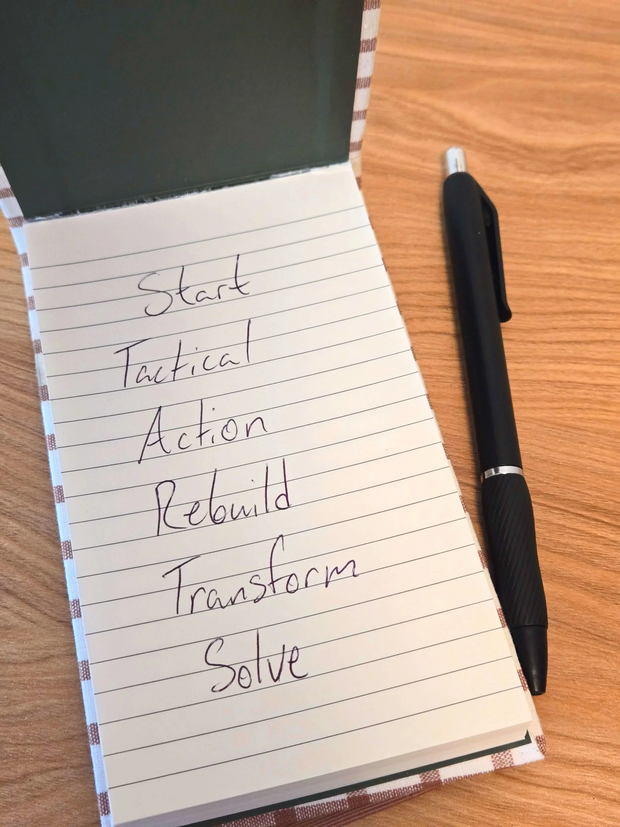 Open notebook with handwritten notes titled 'Start Tactical Action Rebuild Transform Solve', with a black pen on a wooden table.