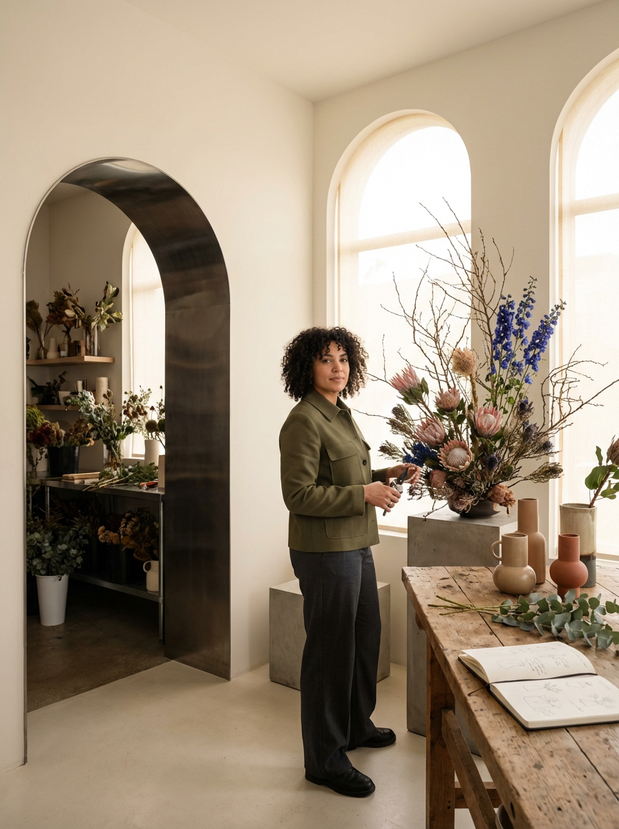 A woman with curly dark hair arranging flowers in a flower studio with large arched windows, vases, and a wooden table with an open journal and greenery.