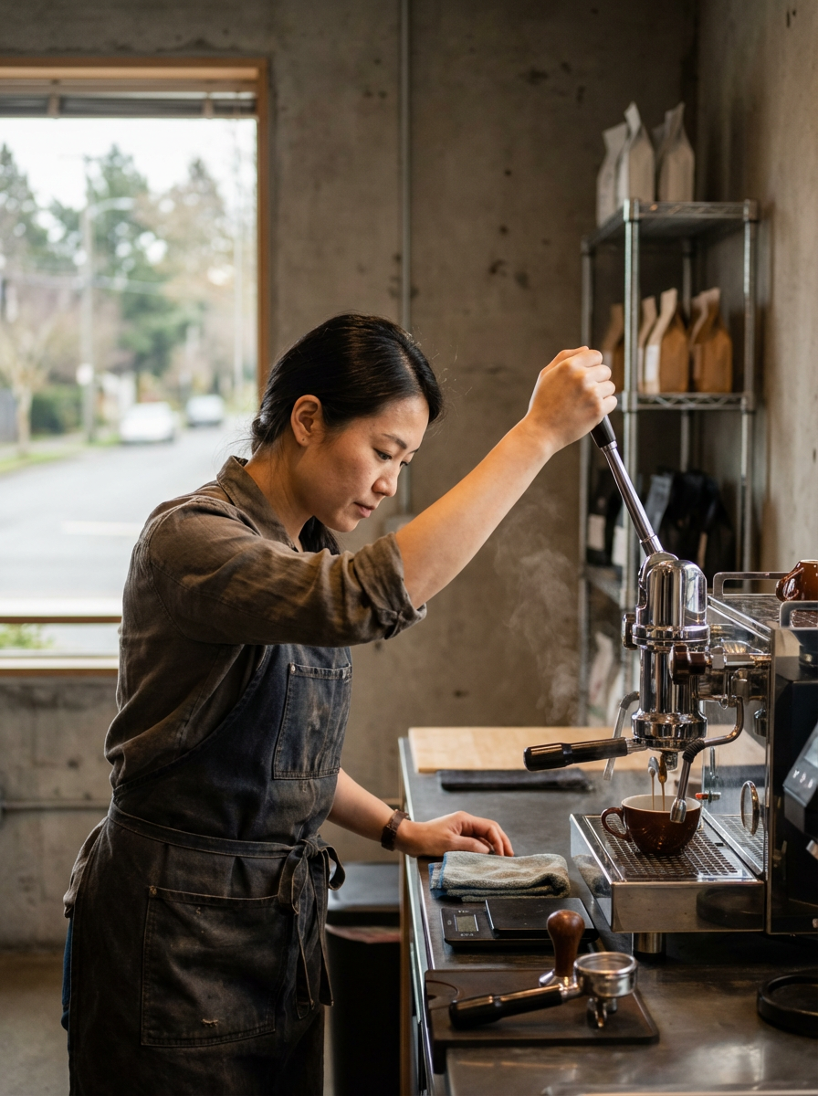 A woman in an apron making espresso with a professional coffee machine inside a coffee shop.