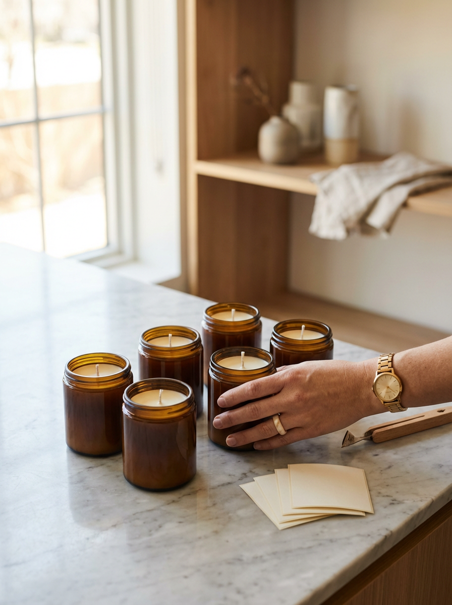 A person arranging five amber glass candles on a white marble countertop near a window. The person is wearing a gold watch and a ring, with some blank cards and a candle tool nearby.