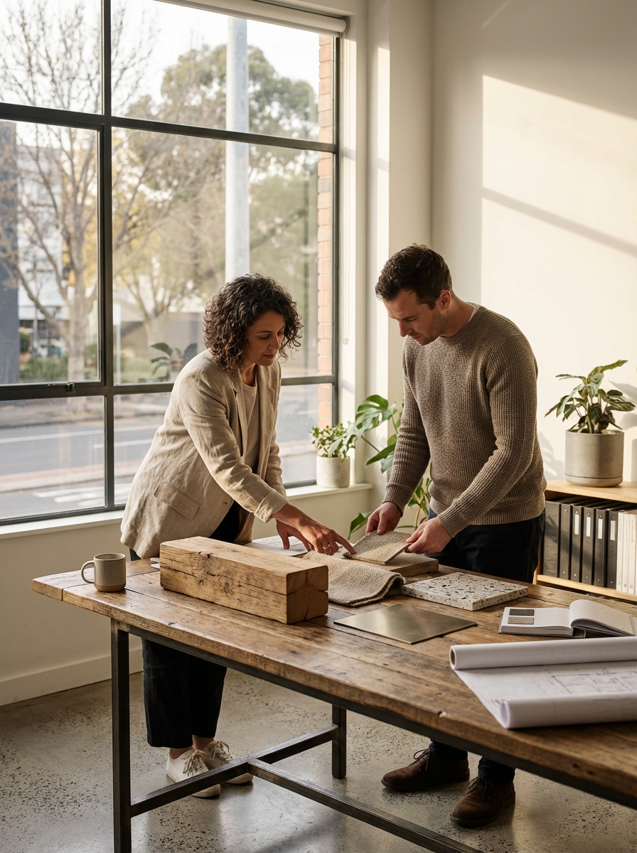 Two people look at samples of building materials on a wooden table in a bright room with large window and indoor plants.