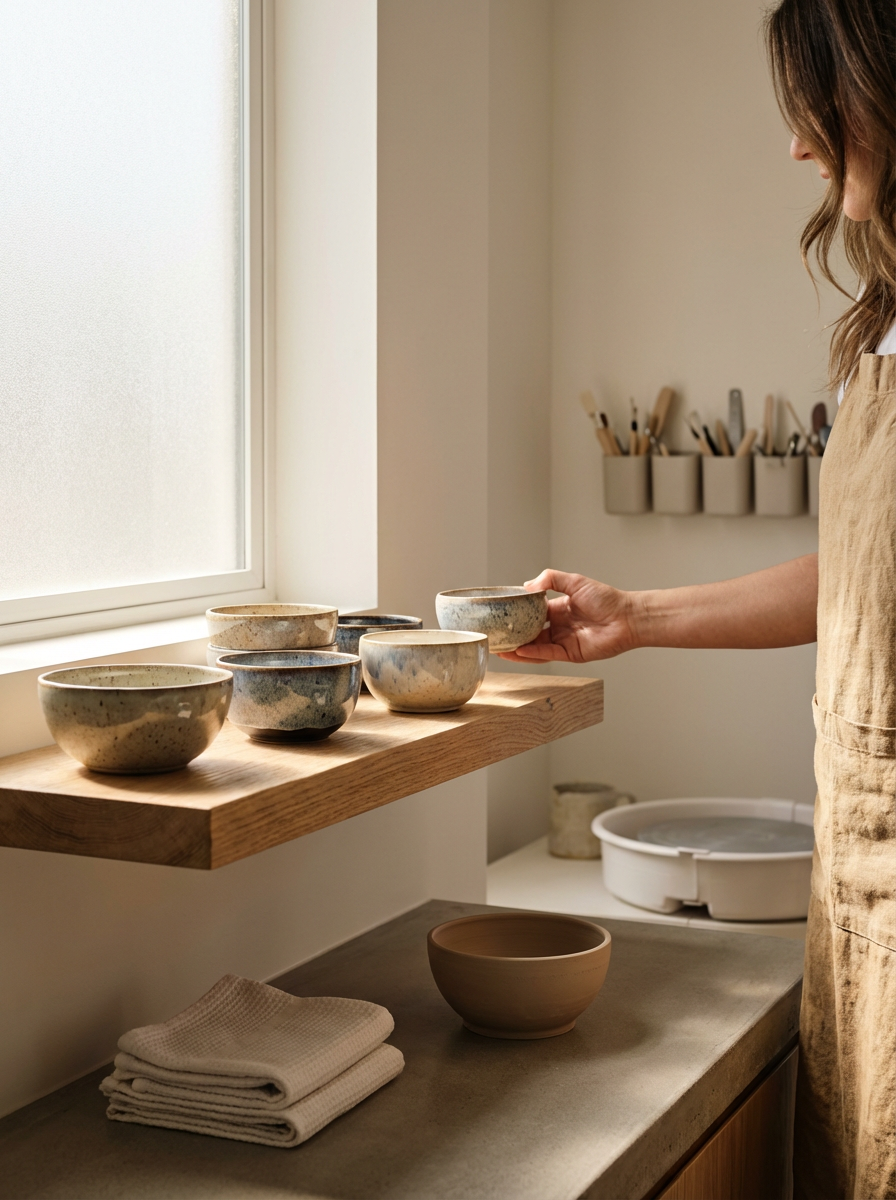 A woman in an apron placing a ceramic bowl on a wooden shelf filled with similar bowls, near a window in a kitchen.