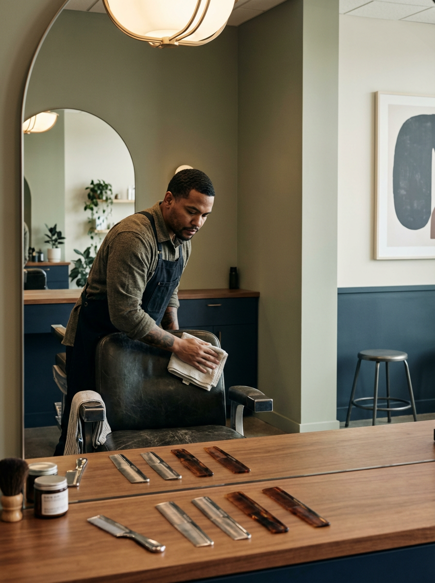 A man in a brown shirt and apron cleaning a barber chair with a cloth in a modern barbershop or salon, with a wooden countertop and barber tools on it.