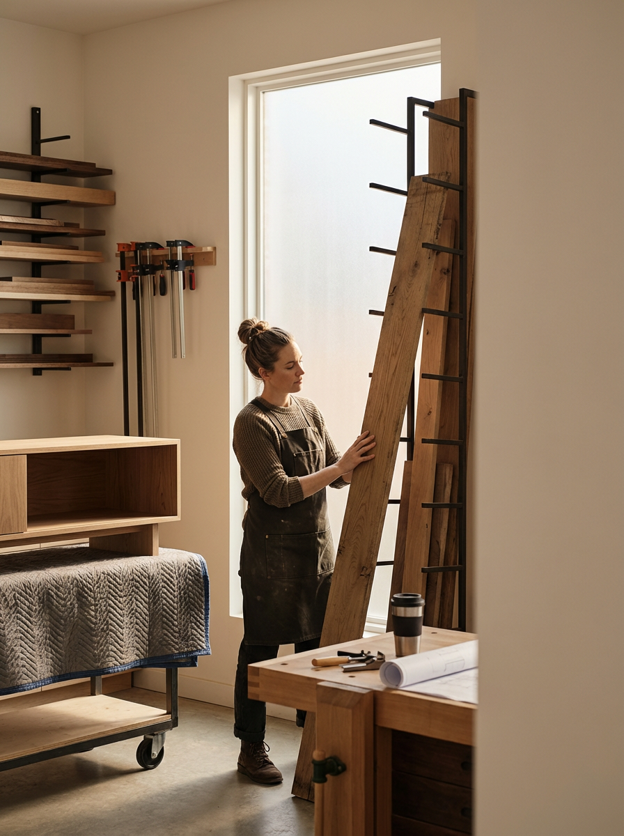 A woman wearing a black apron looks at a large piece of wood in a woodworking workshop during daytime.