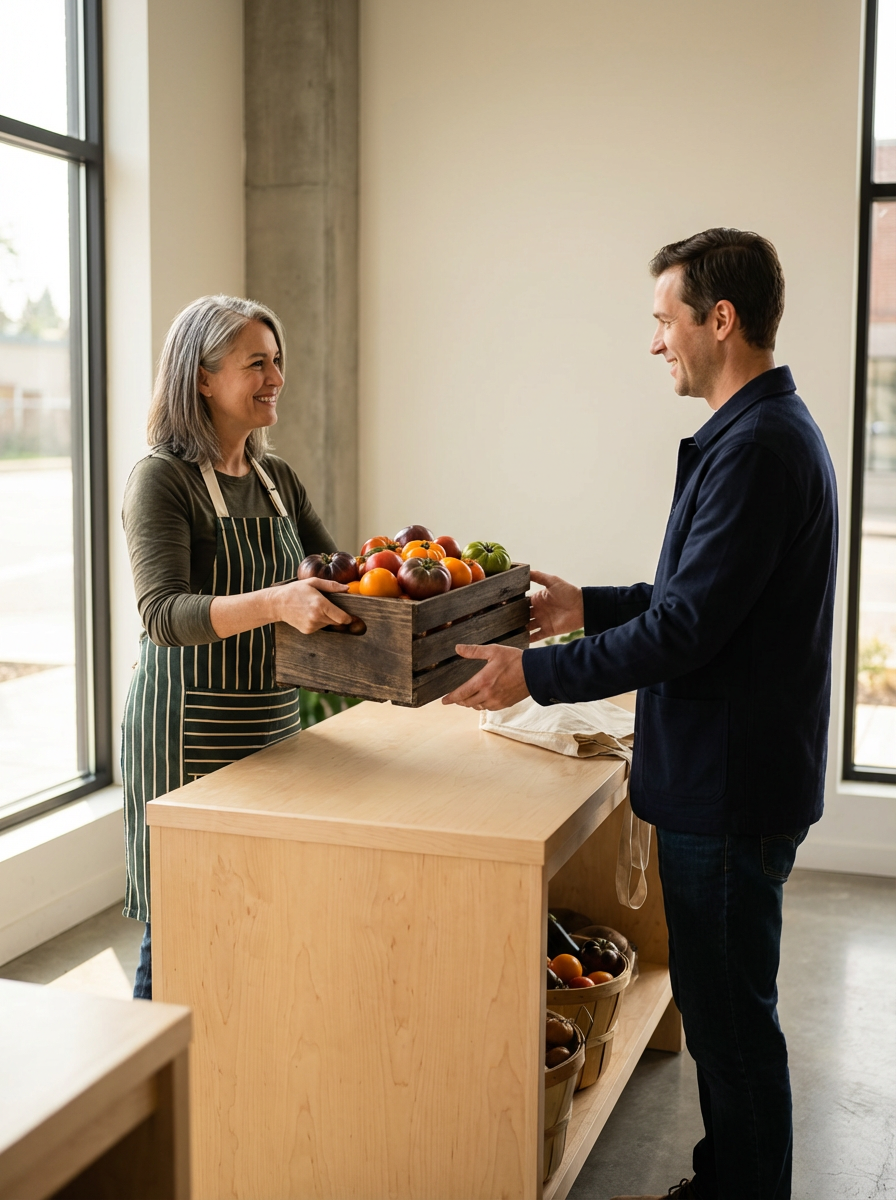 A woman handing a box of various fresh tomatoes to a man inside a brightly lit shop or market.
