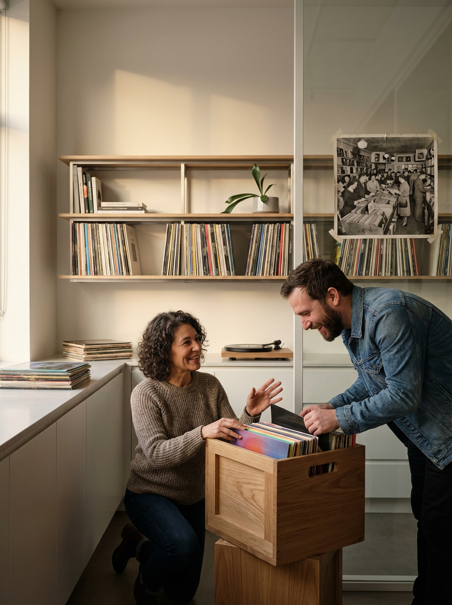 Two people, a woman with curly hair and a man with a beard, are smiling and talking near a wooden box filled with vinyl records in a room with shelves of records and a border photo on the wall.