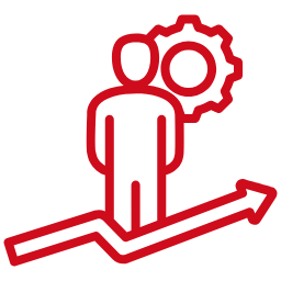 Icon of a person with a gear above their head and an upward trending arrow beneath, symbolizing growth or progress.