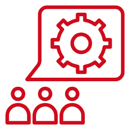 Red icon of a speech bubble with a gear inside, and three people icons below, representing a presentation or workshop.