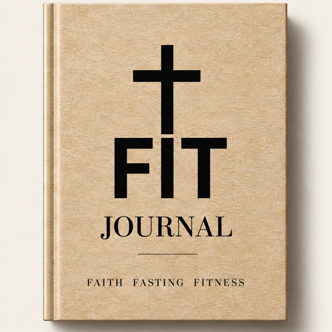 A beige journal made by Keisha Baker with the words 'Faith Fasting Fitness' at the bottom and 'Journal' in the center. A black cross is above the word 'FIT' on the cover.
