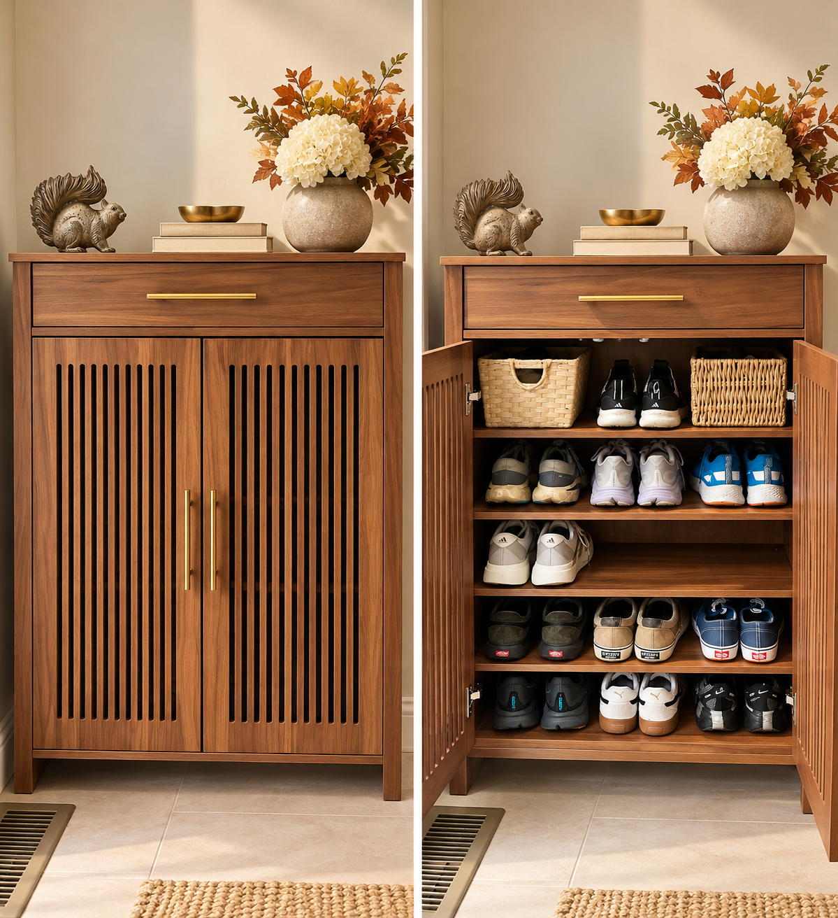 A wooden shoe cabinet with decorative items on top, including a large vase with flowers, books, and a small sculpture. The cabinet has slatted doors on the left and open shelves on the right filled with various pairs of shoes, including sneakers and casual footwear.
