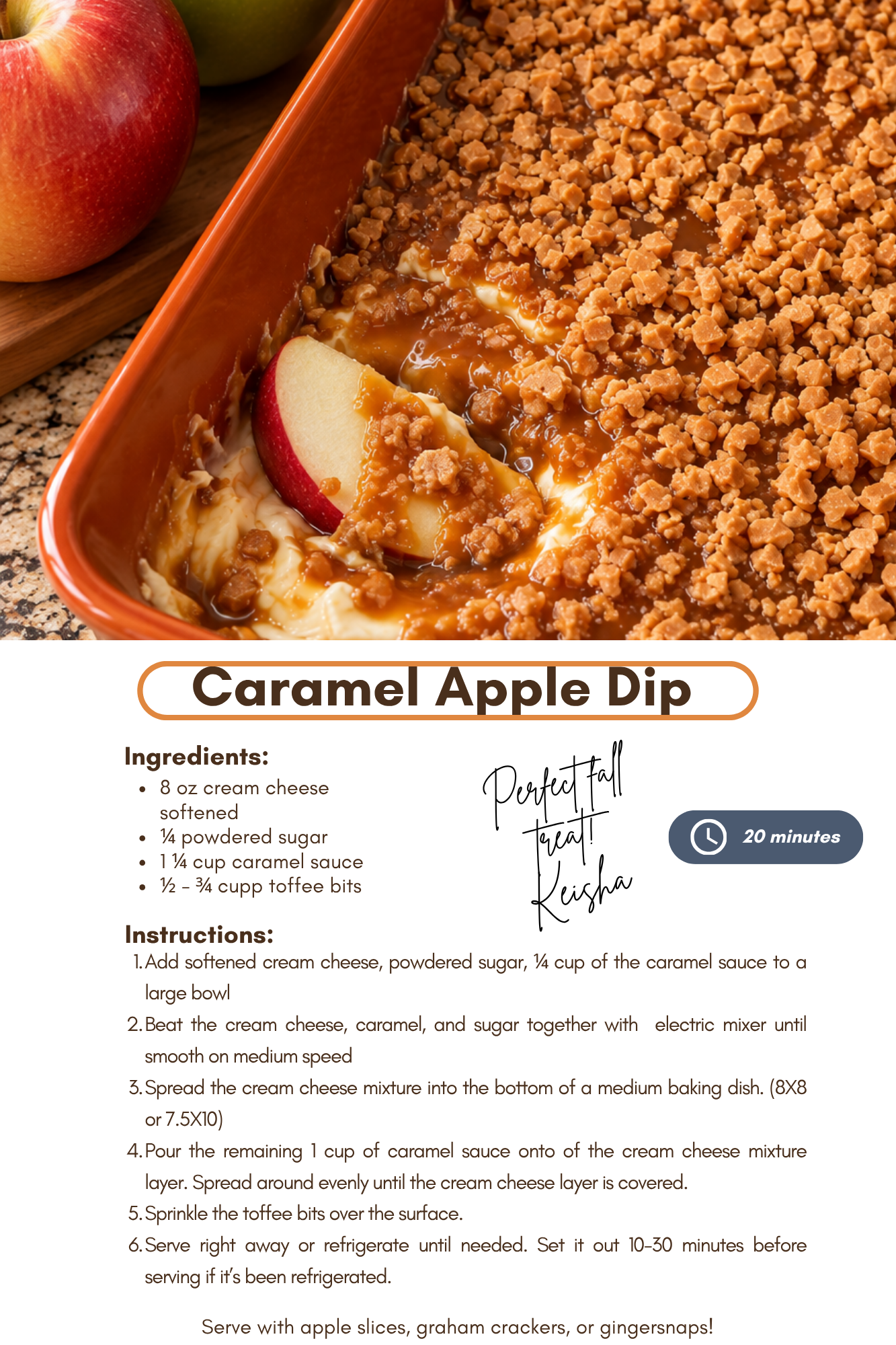 A close-up of a caramel apple dip dessert in an orange dish, topped with chopped caramel popcorn. Two whole apples, one with red and yellow skin and the other green, are partially visible in the background on a wooden surface. Recipe by Keisha Baker