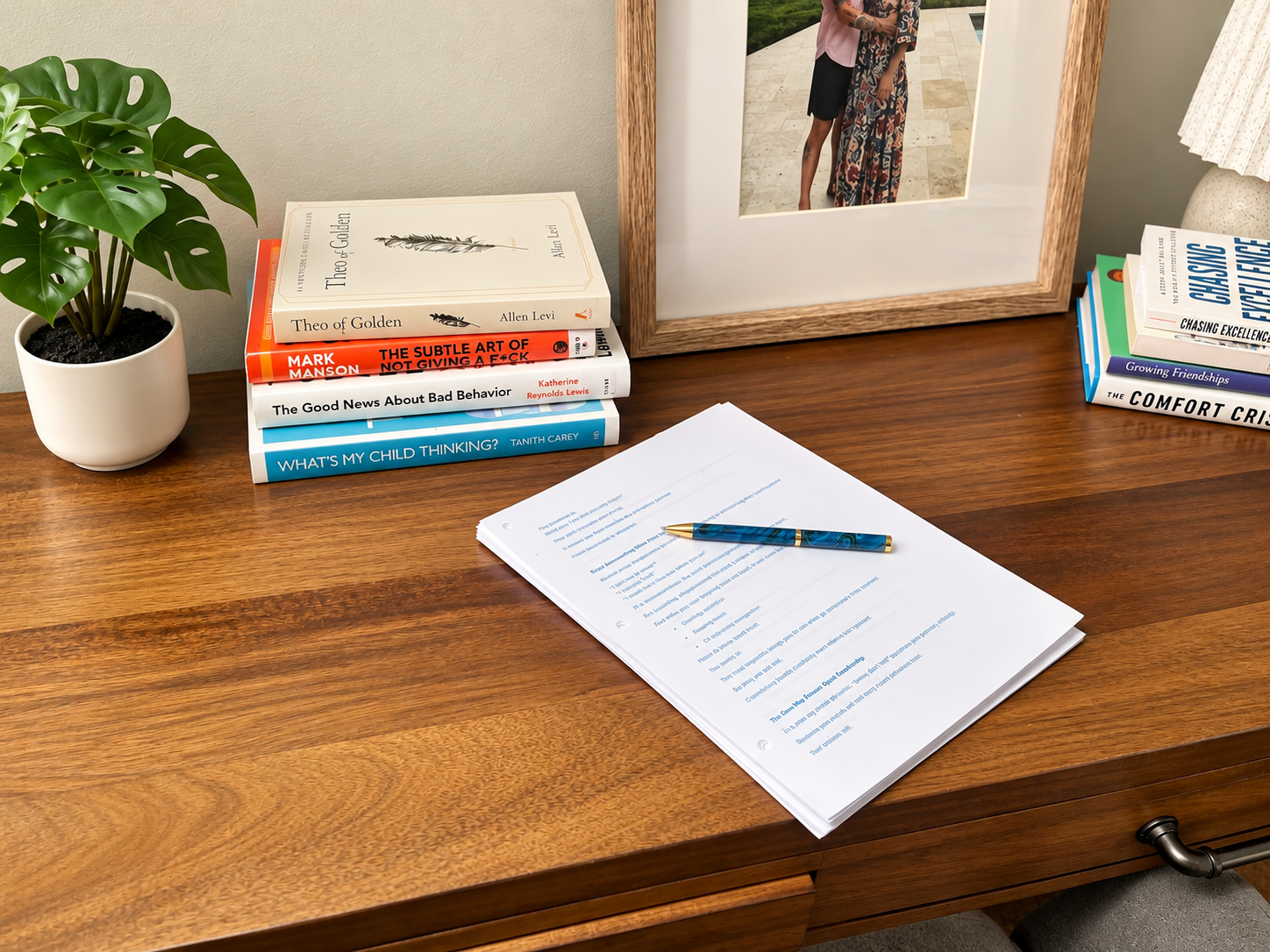 A wooden desk with a stack of books, a potted plant, framed photograph, and a sheet of paper with a pen on top.