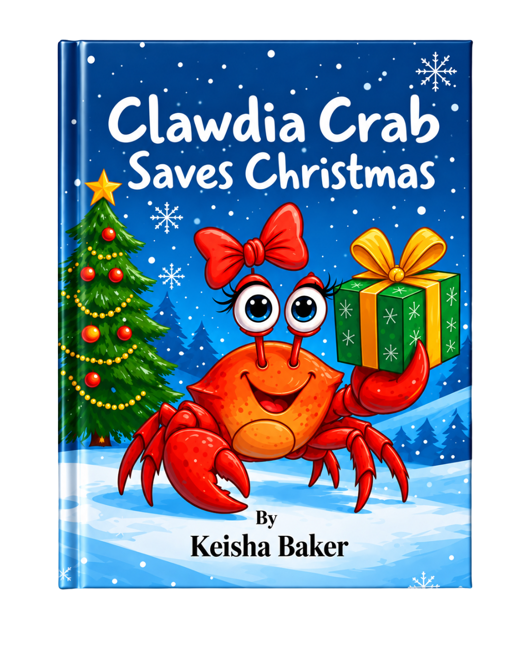Children's book cover titled 'Clawdia Crab Saves Christmas' by Keisha Baker, featuring a cartoon crab with big eyes, a red bow, holding a green gift box with a yellow ribbon, a decorated Christmas tree, snow, and a winter landscape.
