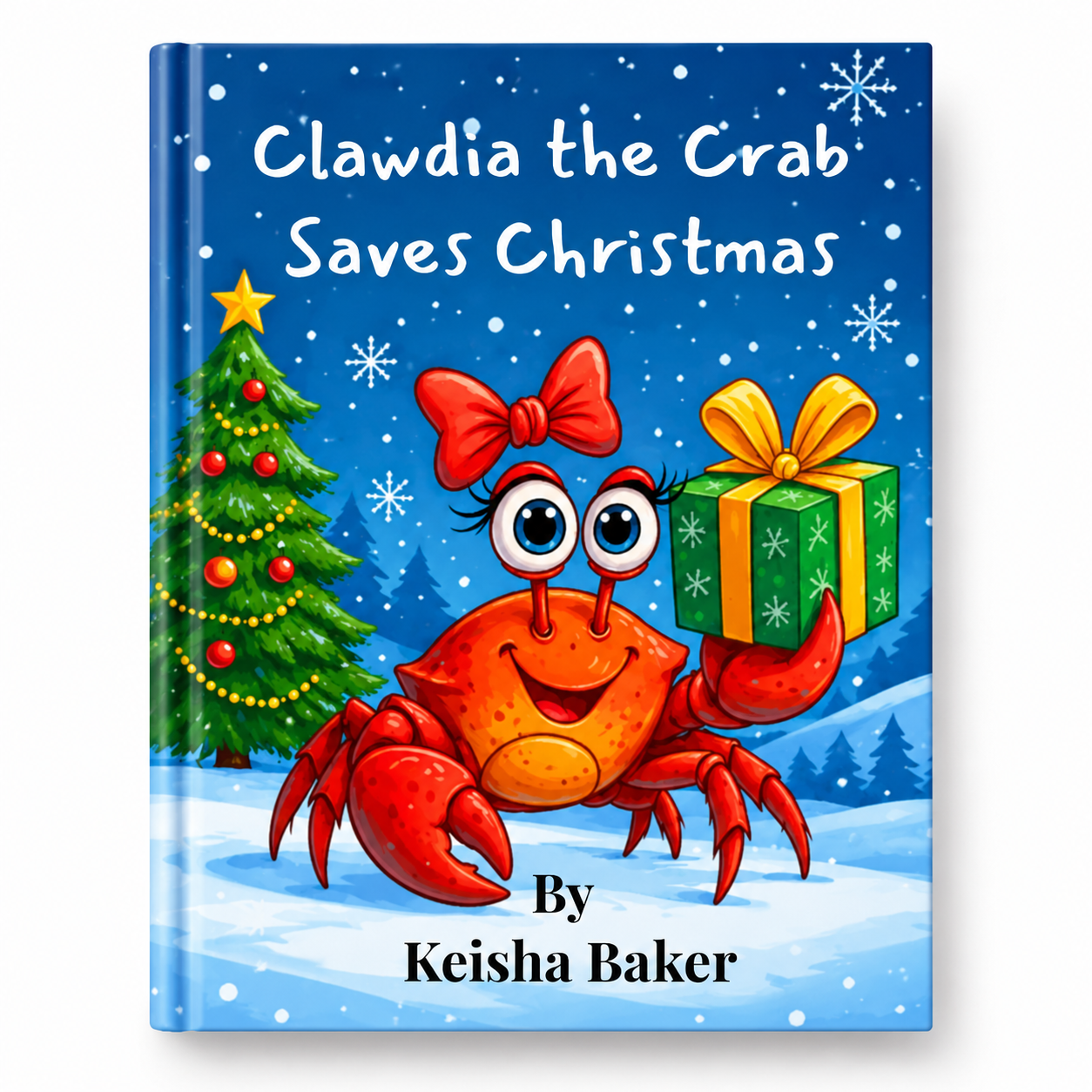 A children's book cover titled 'Clawdia the Crab Saves Christmas' by Keisha Baker, featuring a cartoon crab with a red bow on its head, holding a green gift box with a yellow ribbon, in a snowy winter scene with a decorated Christmas tree and snowflakes.