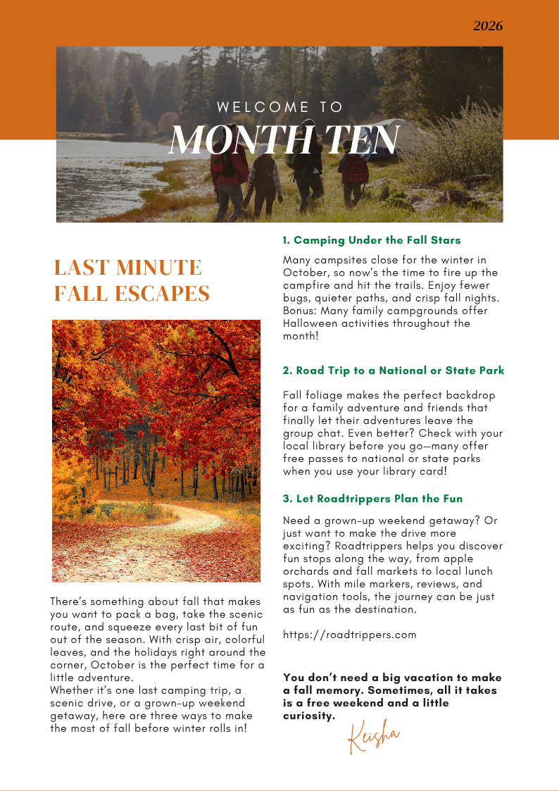 A cover page for a fall-themed newsletter titled 'Welcome to Month Ten' by Keisha Baker, featuring a group of people hiking beside a river with trees in the background, and a fall scene with a winding trail through red and orange trees.