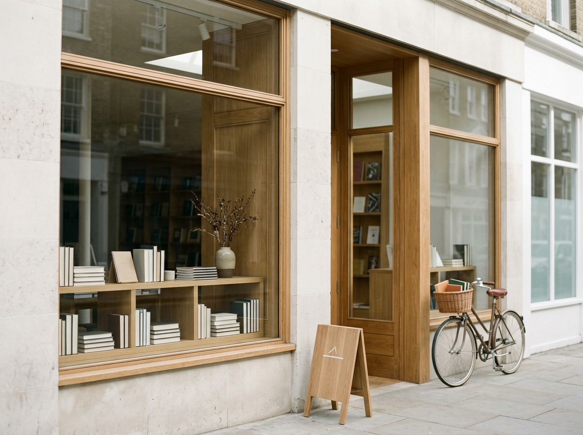 A bookstore or library storefront with large glass windows and a wooden door. There is a bicycle with a basket parked outside, and a small wooden signboard on the sidewalk.