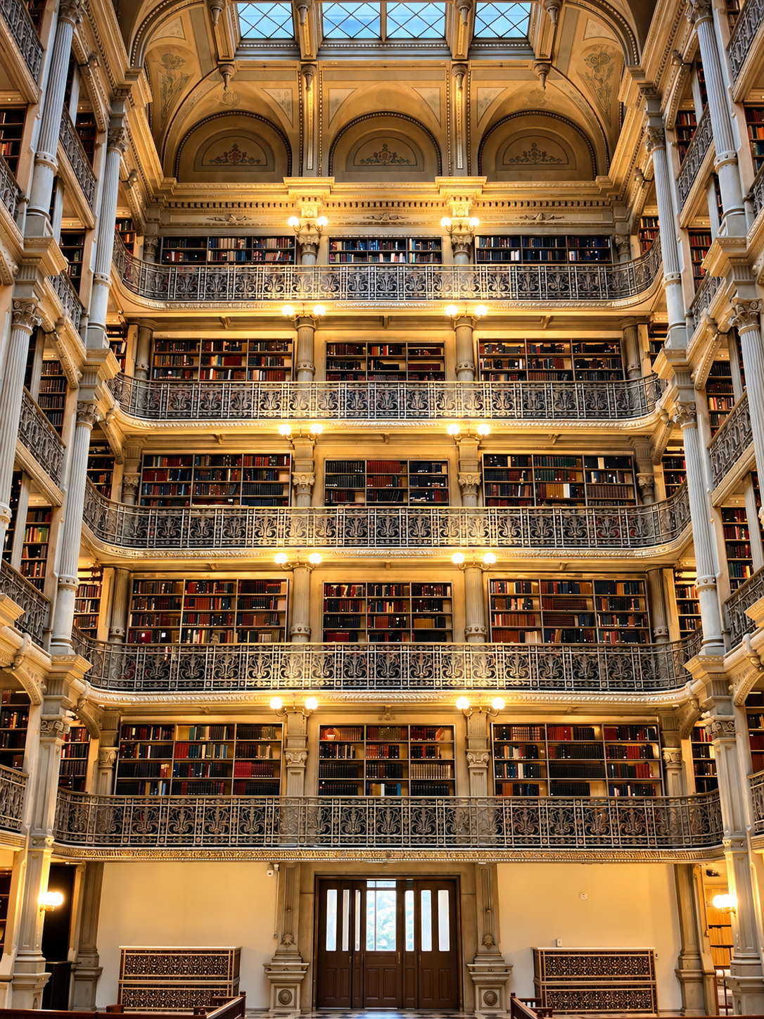 Interior view of a grand, multi-story library with ornate balconies, tall shelves filled with books, and decorative lighting fixtures.
