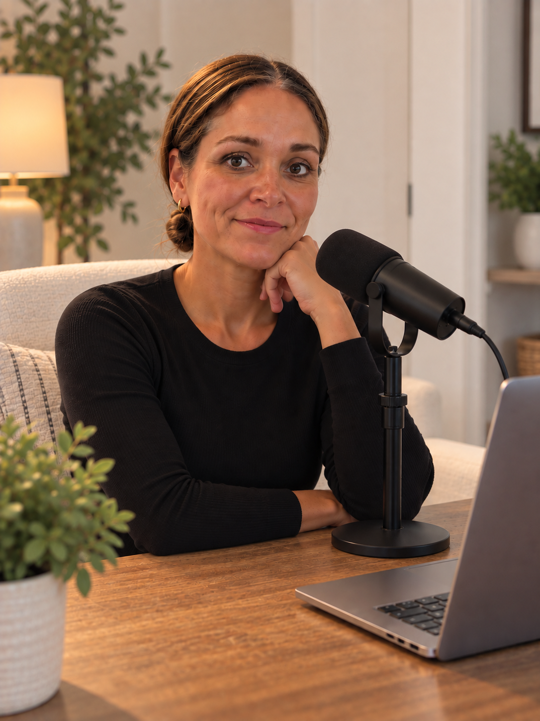 Keisha Baker is sitting at a wooden table with a microphone and a laptop in front of her, smiling at the camera in a cozy, well-lit room with plants and a lamp.