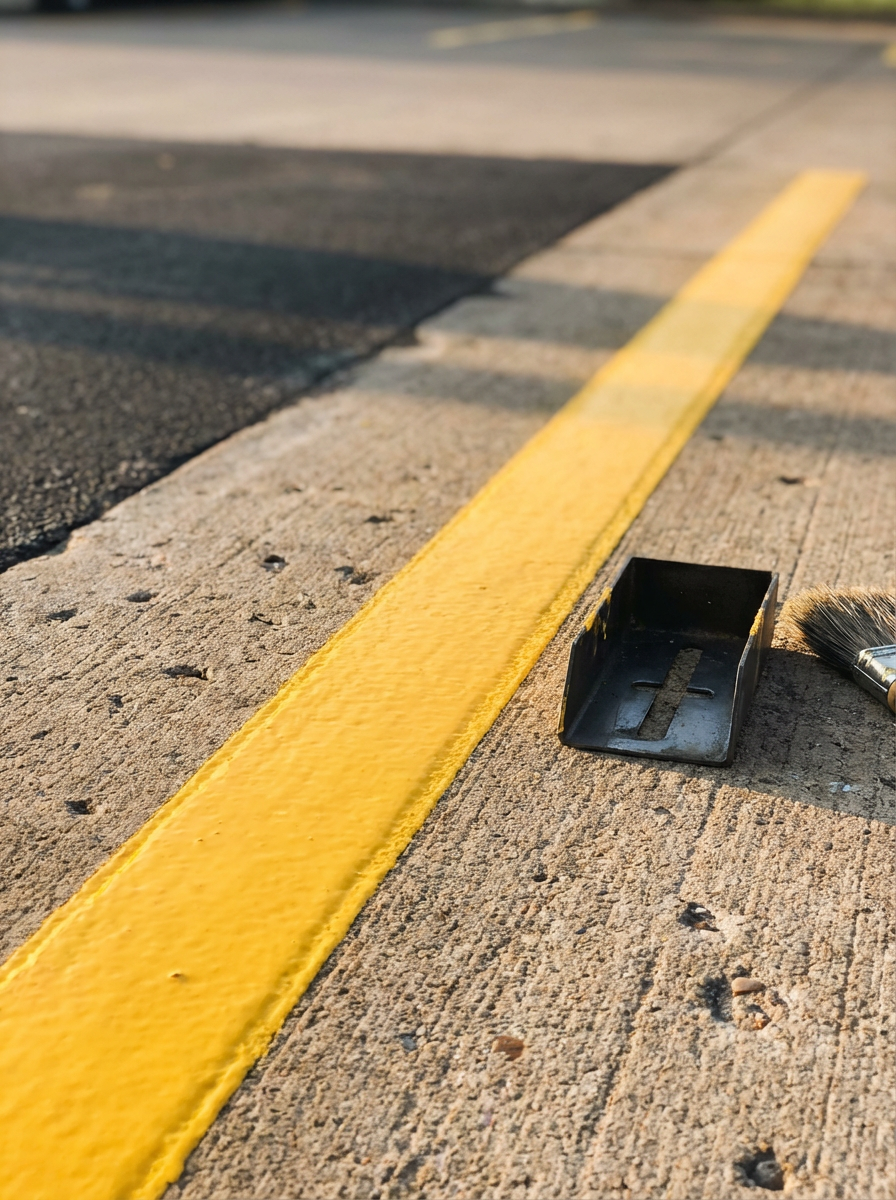 Close-up of a freshly painted yellow parking lot line on concrete pavement, with a black tool and paintbrush nearby.