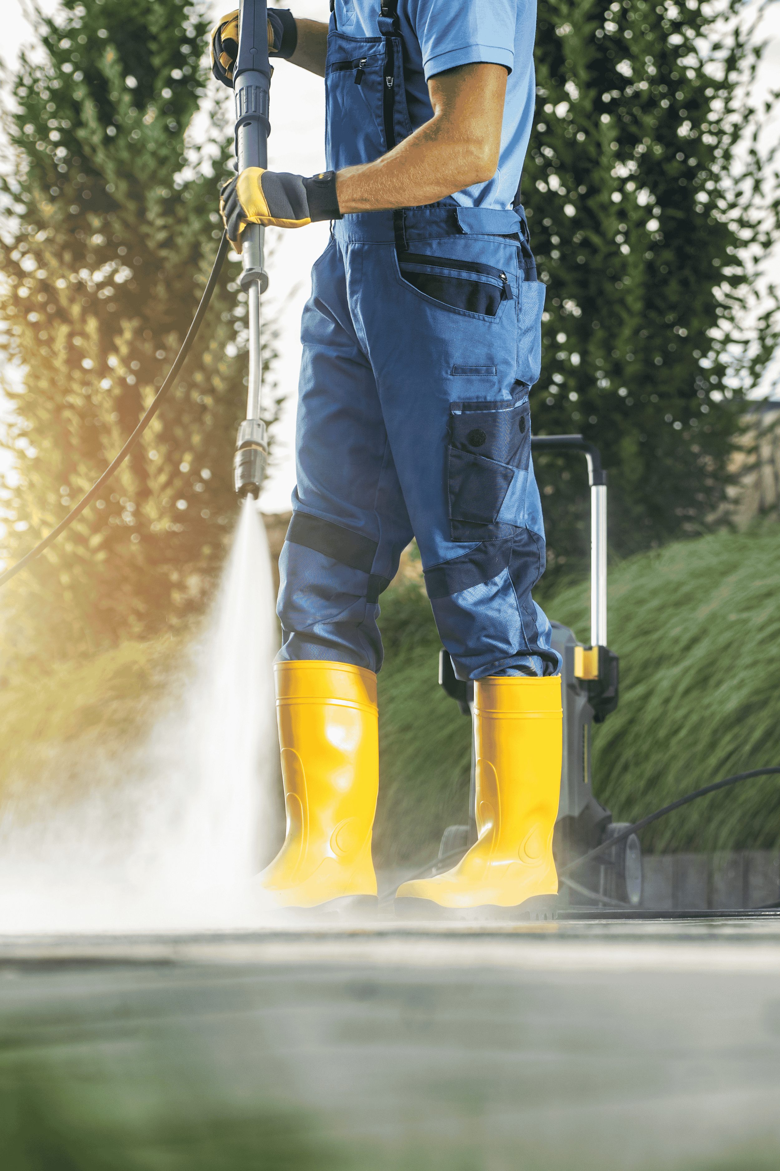 Person wearing yellow rain boots and blue work pants using a pressure washer to clean a surface outdoors.