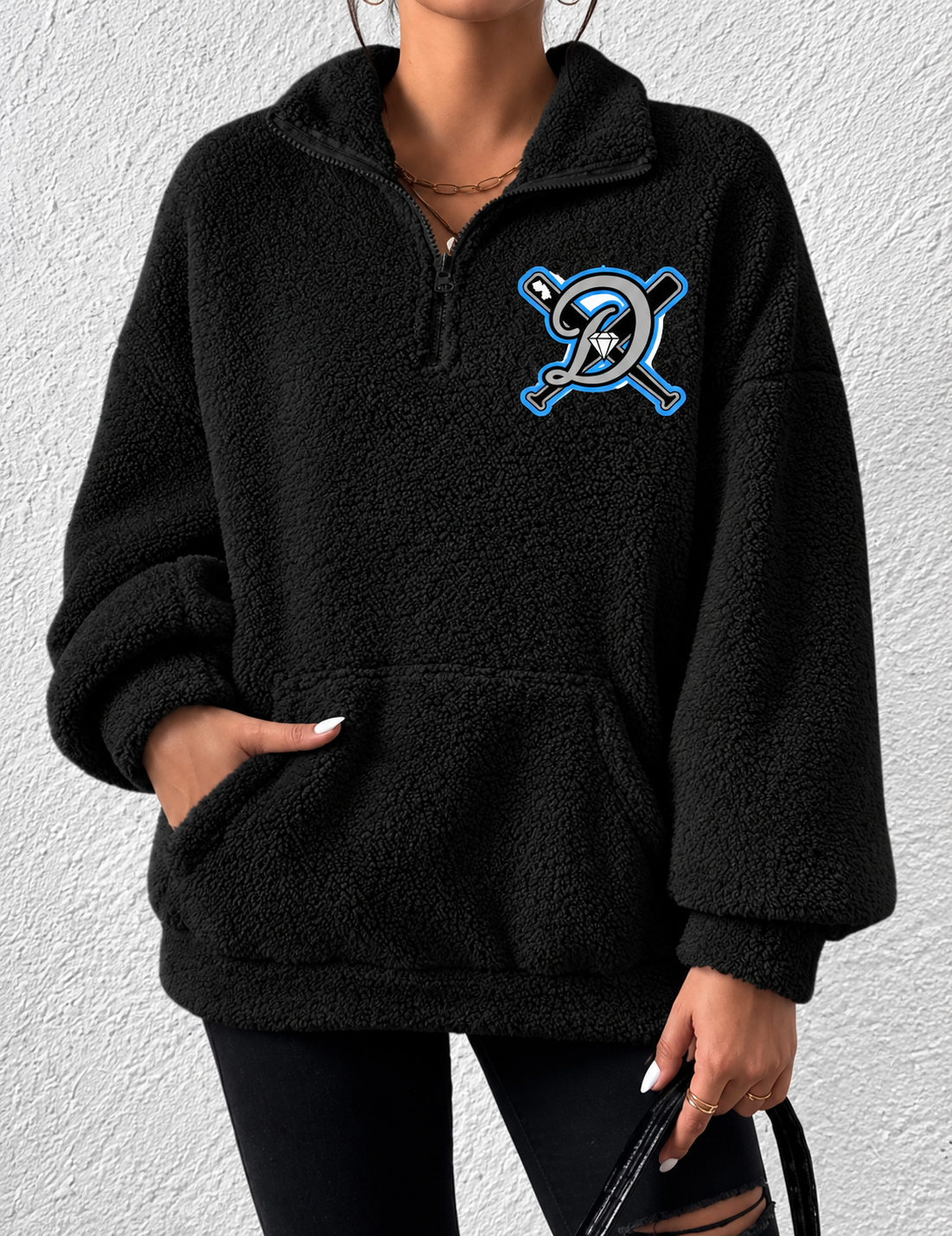 Embroider  Fleece Quarter Zip Pullover Sweatshirt Fuzzy Sherpa Jacket