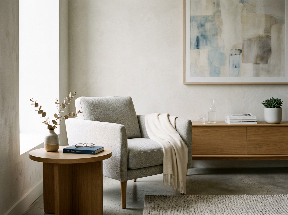 A cozy living room corner with a gray armchair draped with a white blanket, a wooden side table with a vase of eucalyptus and a book, a wooden credenza with a small potted plant, a glass bottle, a glass of water, and stacked magazines, and framed abstract artwork on the wall.