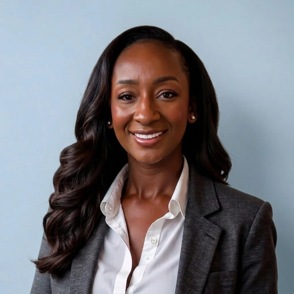 A smiling woman with long, dark wavy hair wearing a white shirt and dark blazer, against a light blue background.